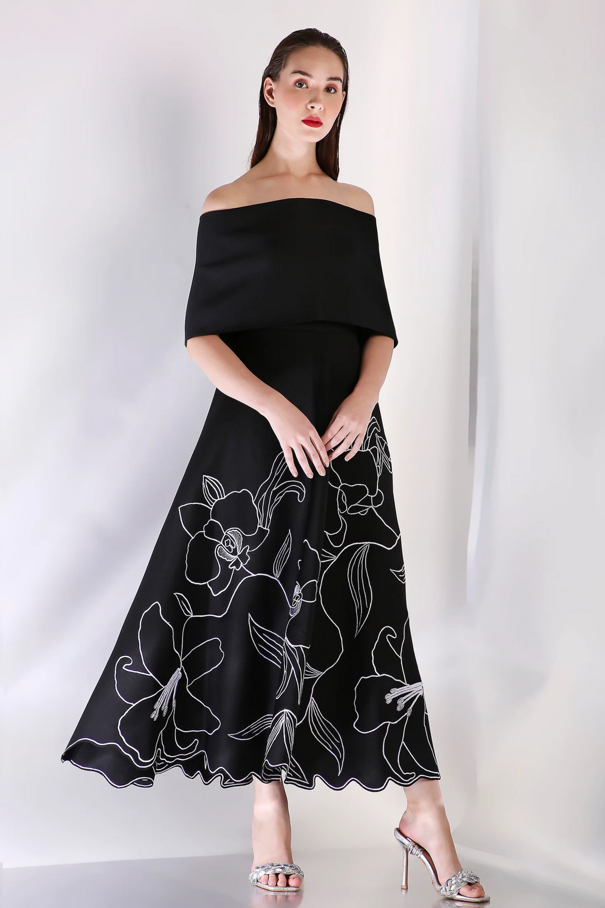 Black Embroidered Wave Wrap Dress