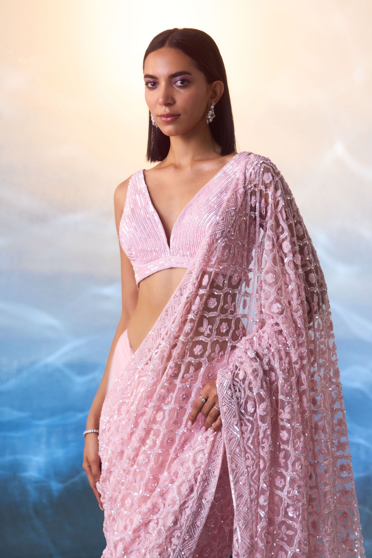 Pink Embroidered Saree Set