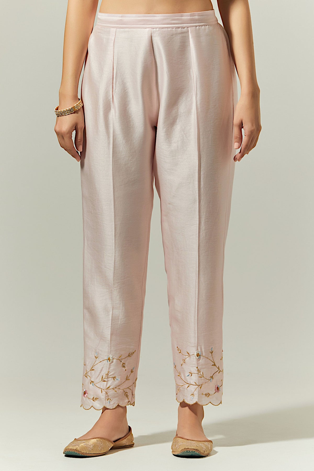 Light Pink Silk Chanderi Palazzo With Embroidered Hem