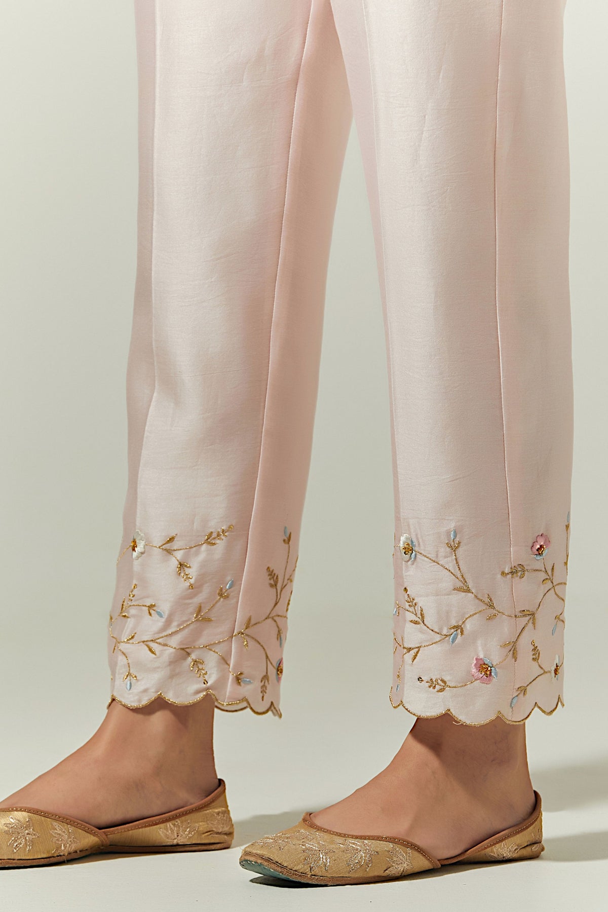 Light Pink Silk Chanderi Palazzo With Embroidered Hem