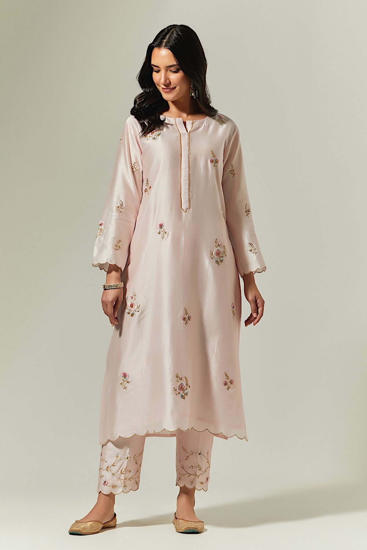 Light Pink Silk Chanderi Palazzo With Embroidered Hem