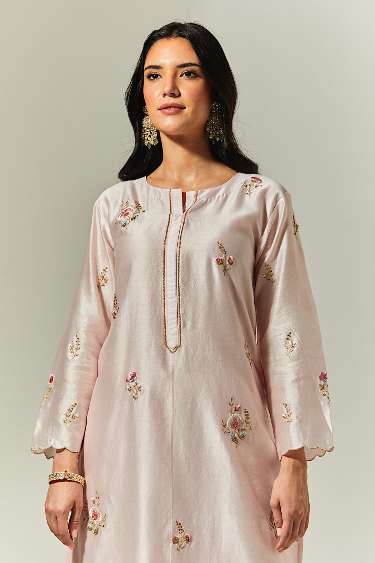 Silk Chanderi Hand Embroidered Kurta With Plackett