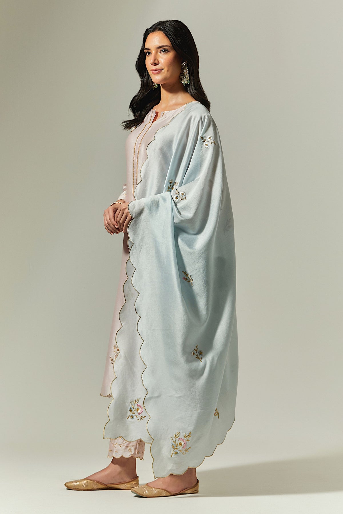 Silk Chanderi Hand Embroidered Kurta With Plackett