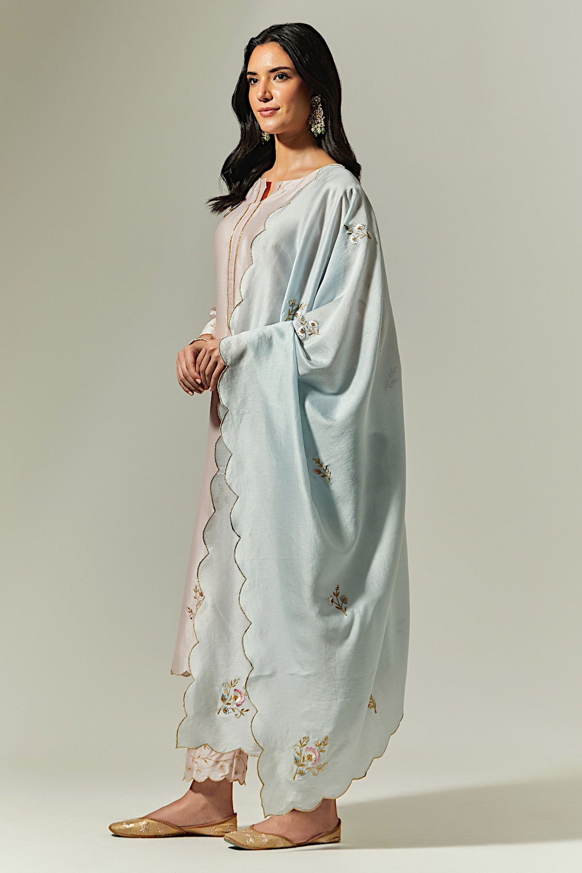 Blue Silk Chanderi Hand Embroidered Dupatta