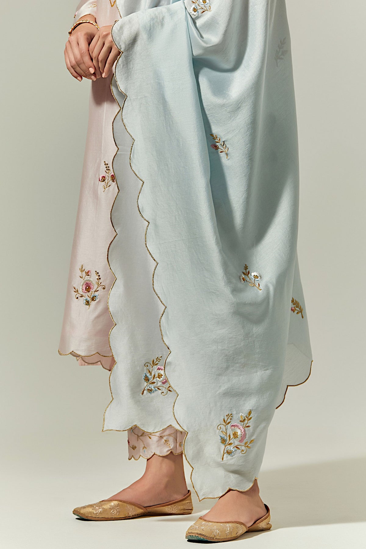 Blue Silk Chanderi Hand Embroidered Dupatta