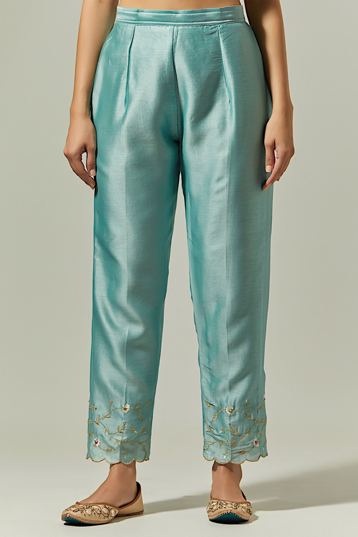 Blue Silk Chanderi Palazzo With Embroidered Hem