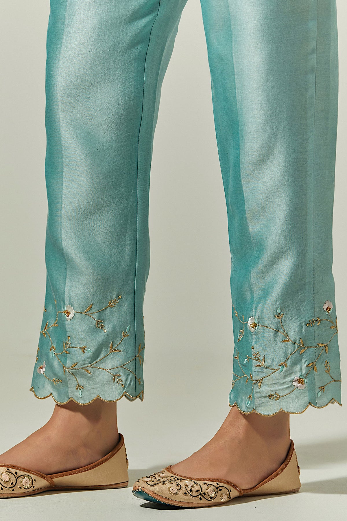 Blue Silk Chanderi Palazzo With Embroidered Hem