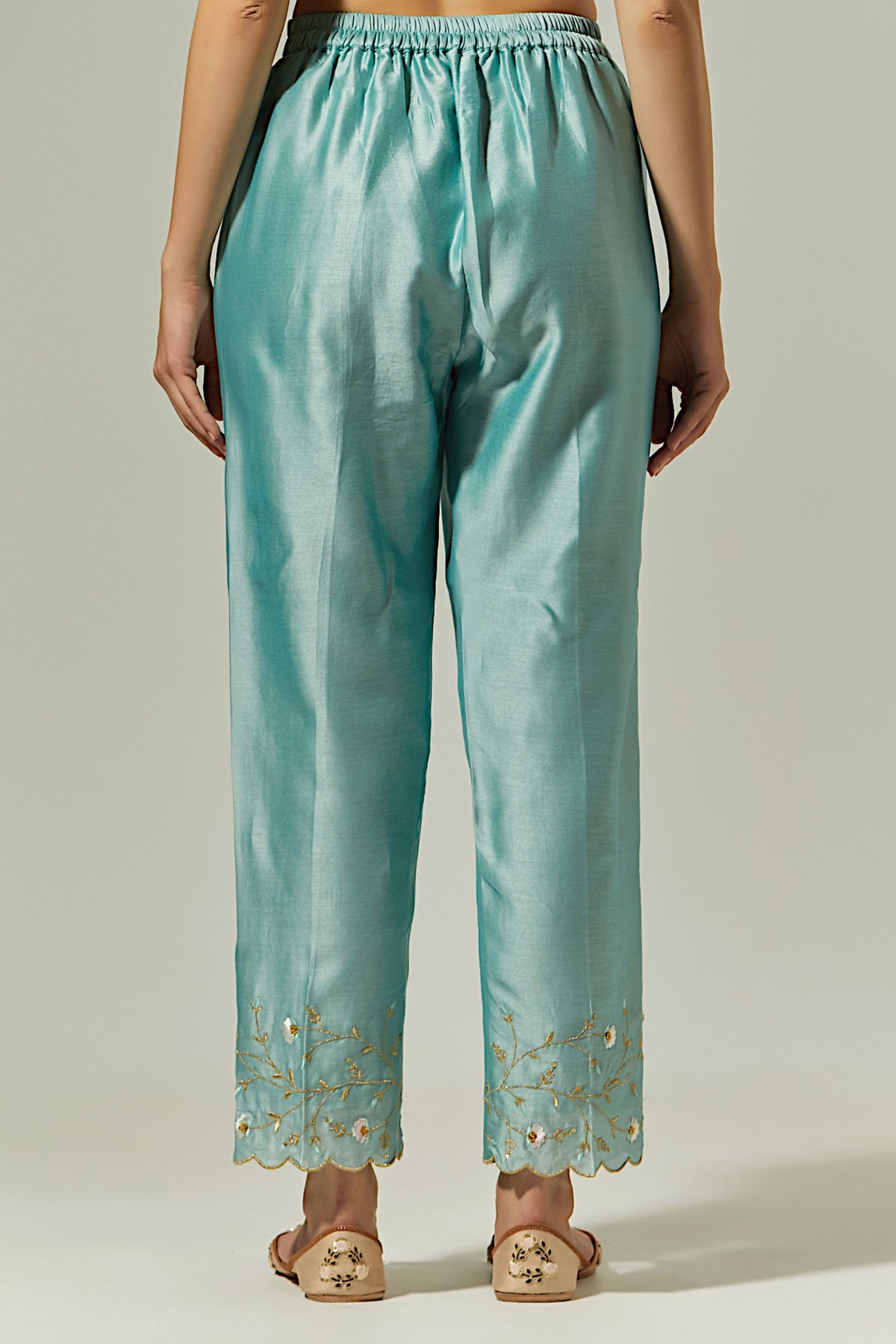 Blue Silk Chanderi Palazzo With Embroidered Hem