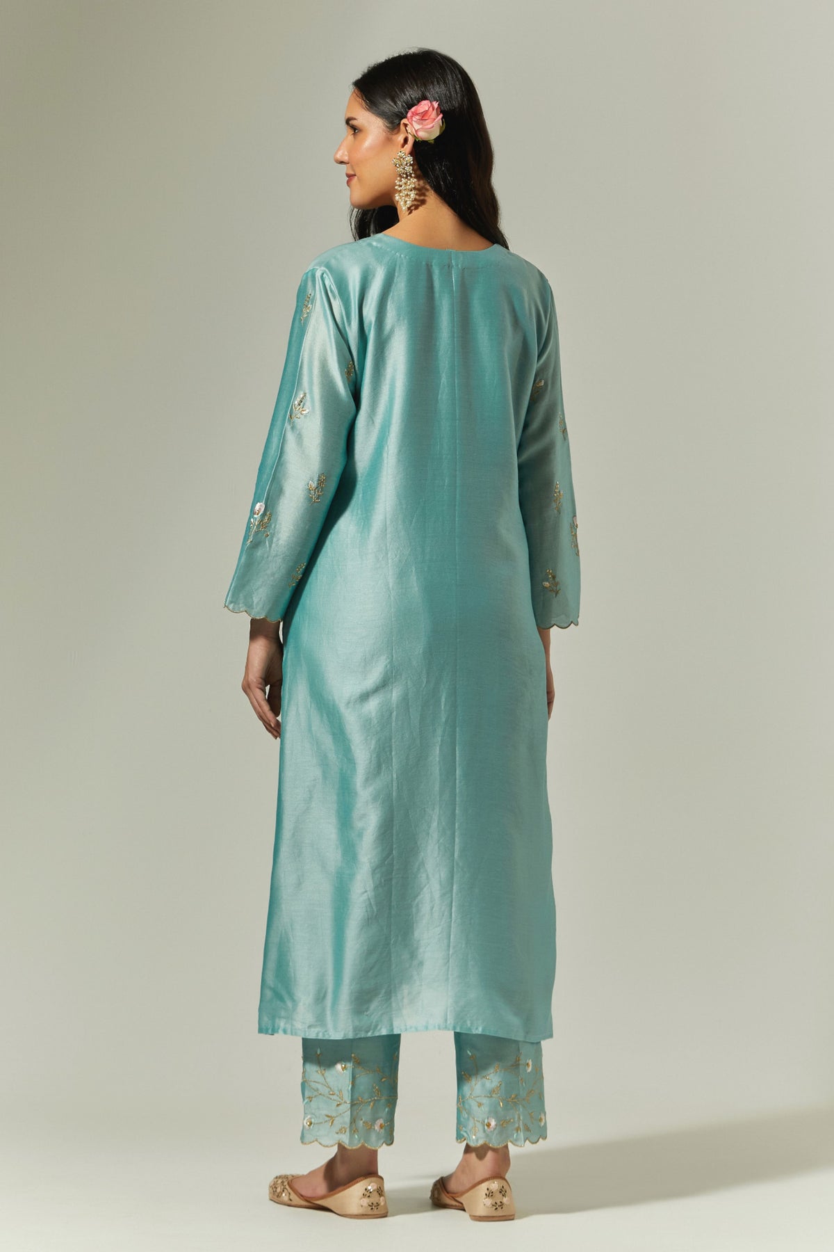 Blue Hand Embroidered Kurta With Plackett
