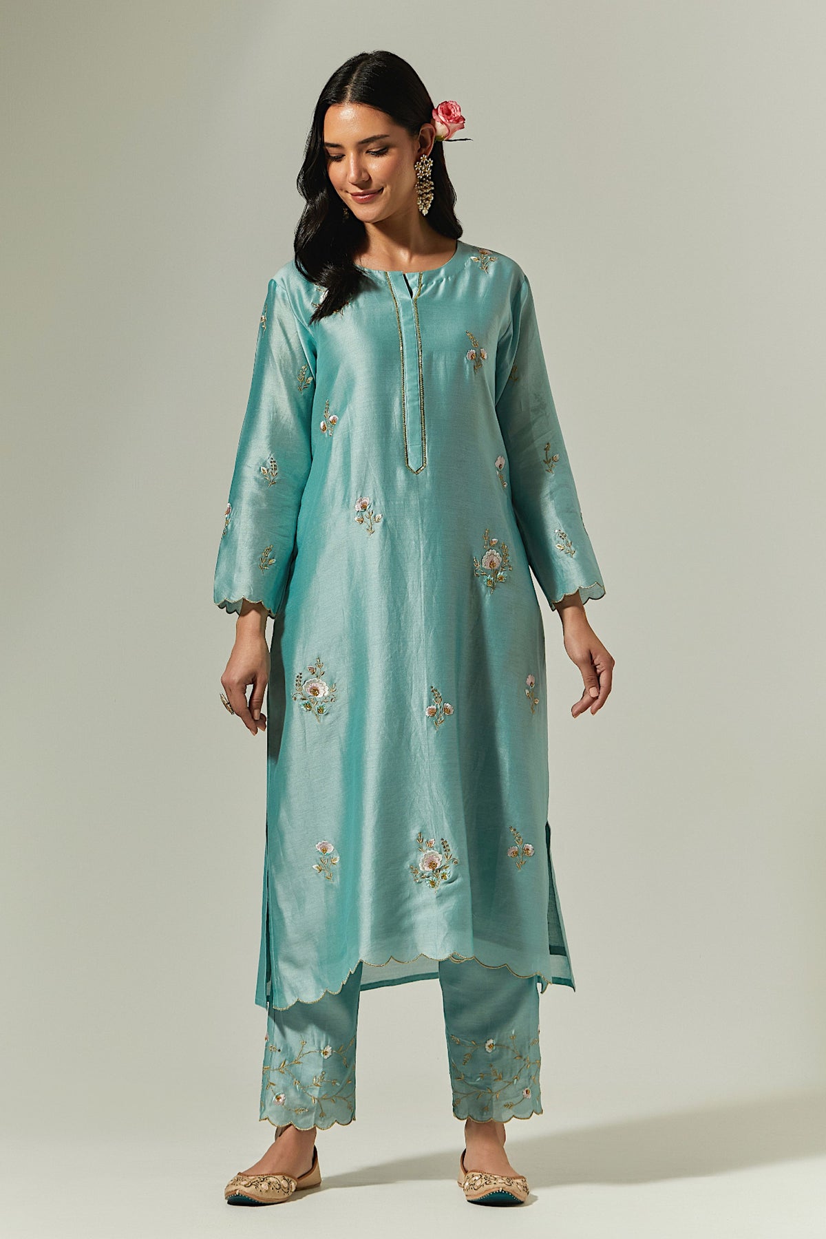 Blue Hand Embroidered Kurta With Plackett