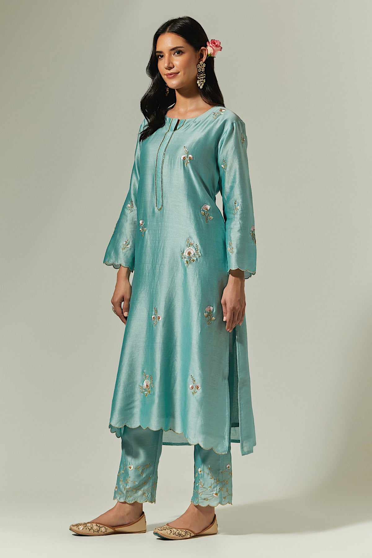 Blue Silk Chanderi Palazzo With Embroidered Hem