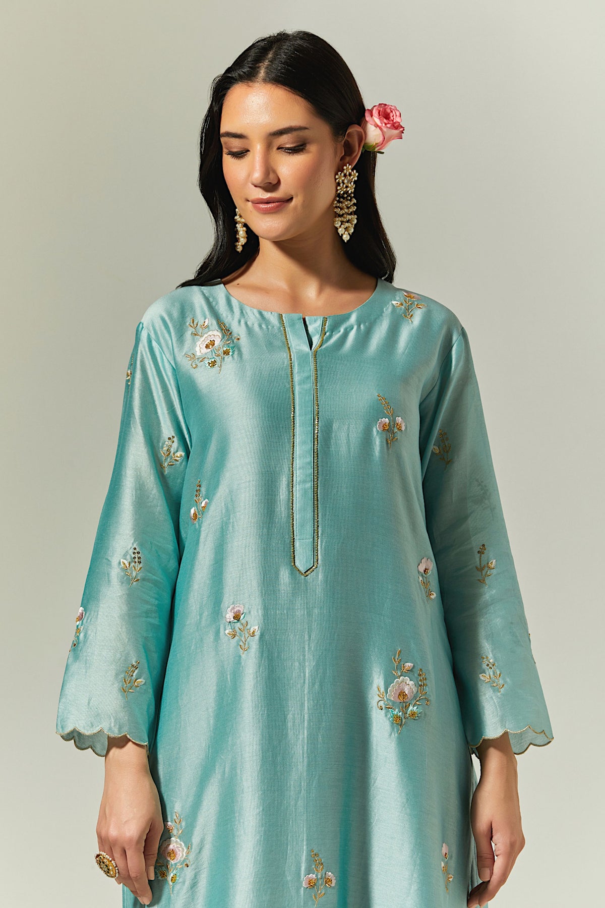 Blue Hand Embroidered Kurta With Plackett