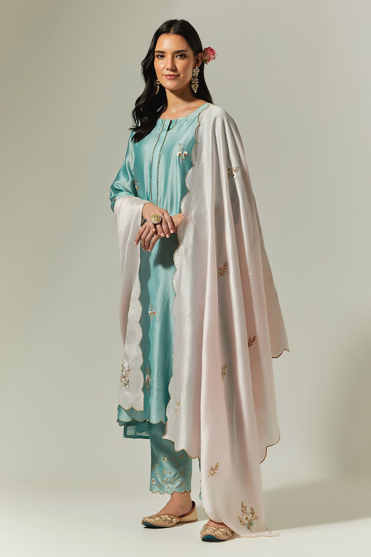 Blue Hand Embroidered Kurta With Plackett