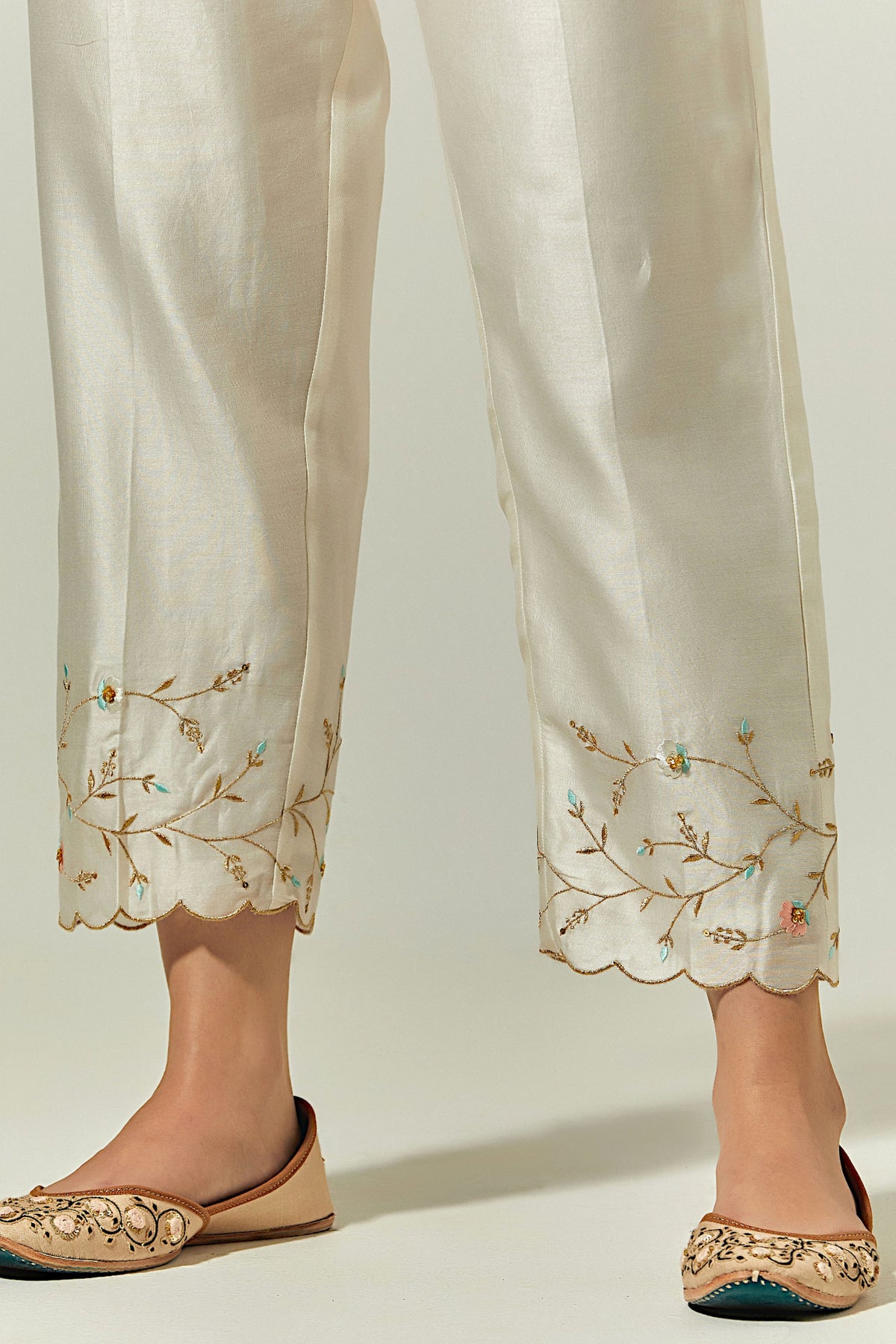 Off White Silk Chanderi Palazzo With Embroidered Hem