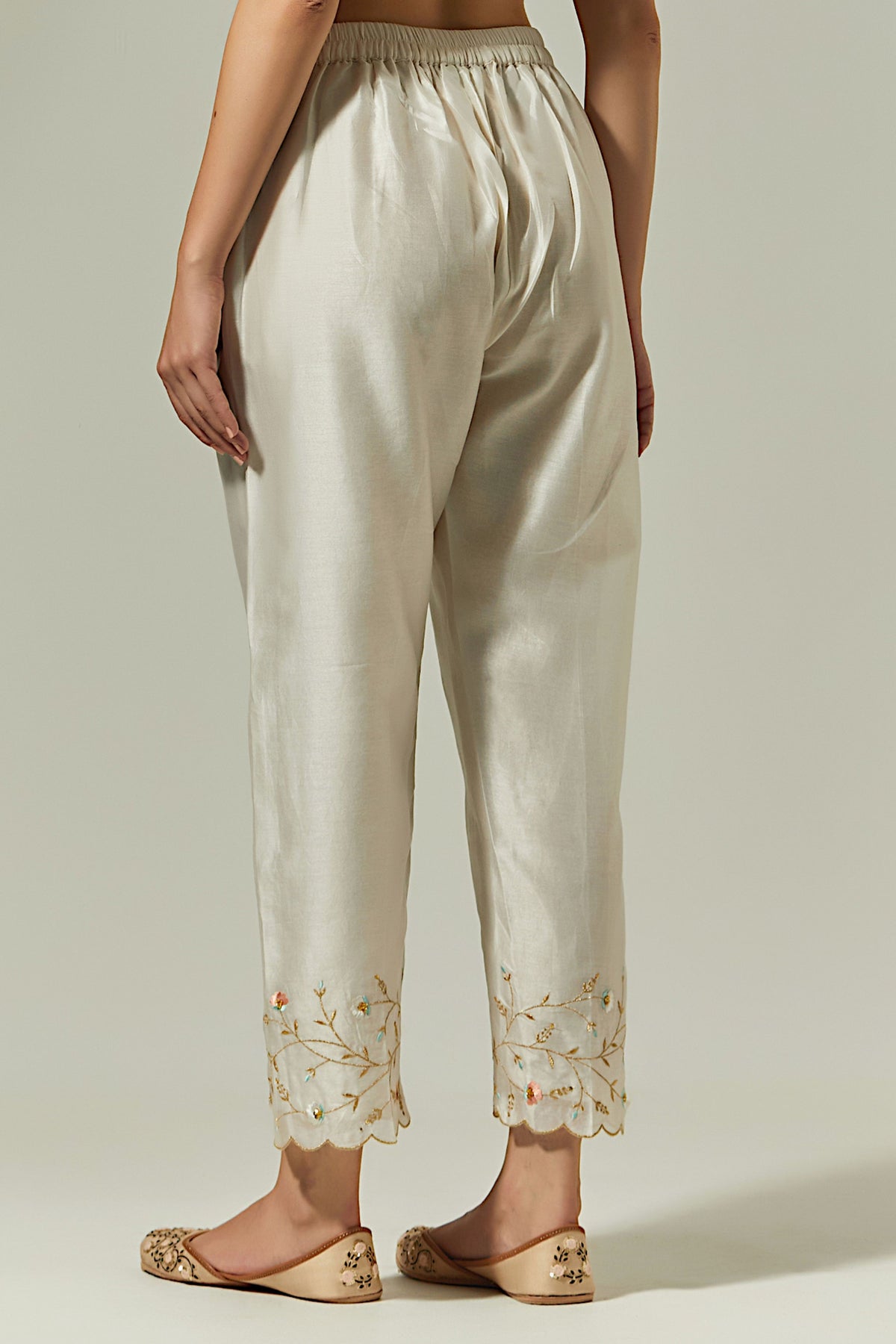 Off White Silk Chanderi Palazzo With Embroidered Hem