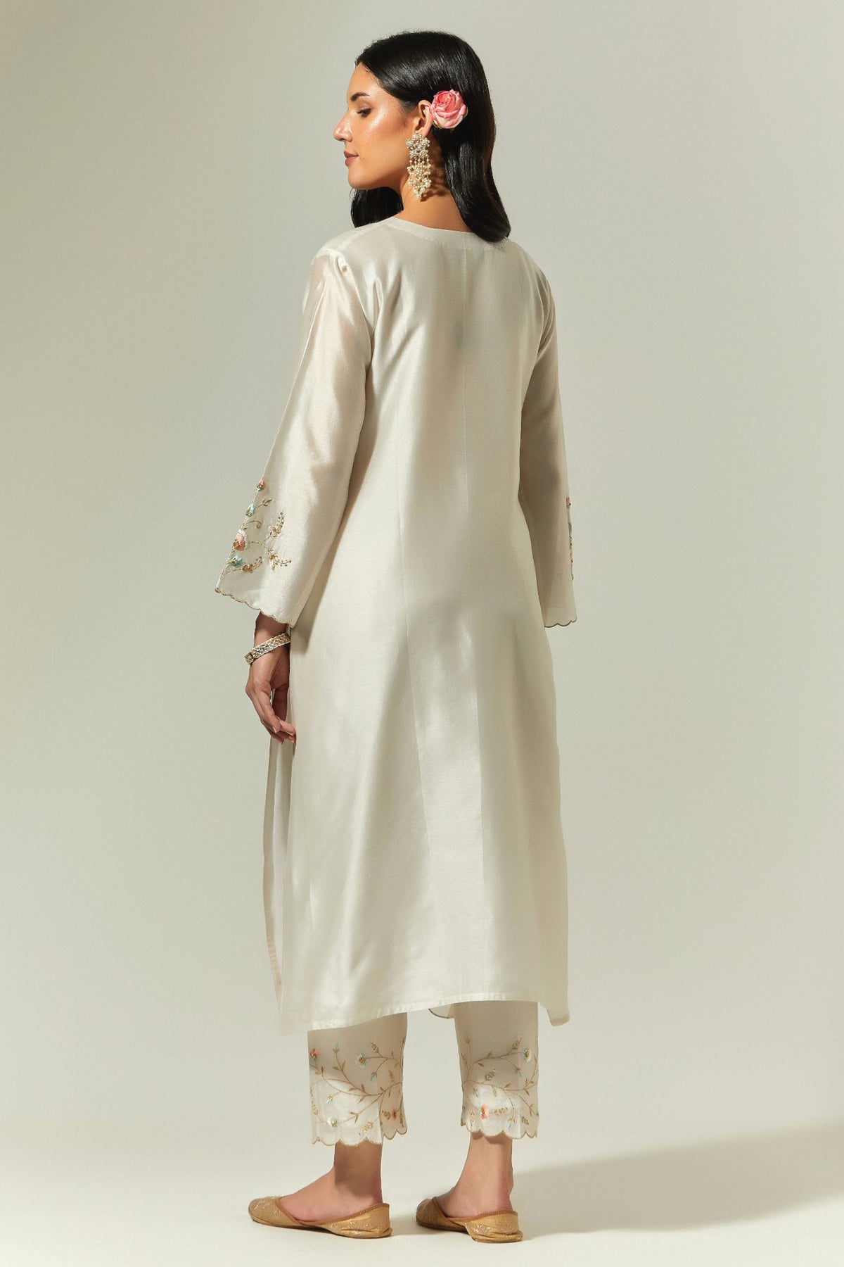 Off White  Silk Chanderi Hand Embroidered Kurta