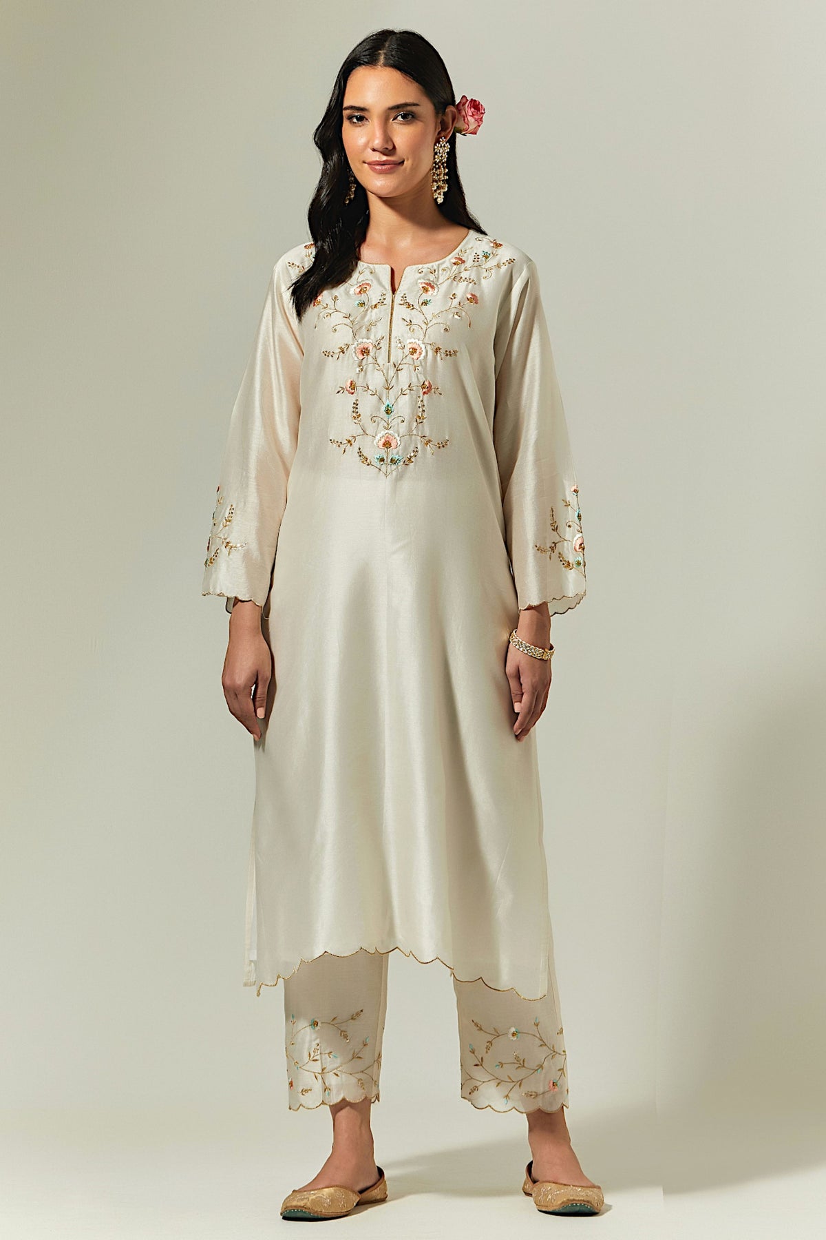 Off White  Silk Chanderi Hand Embroidered Kurta