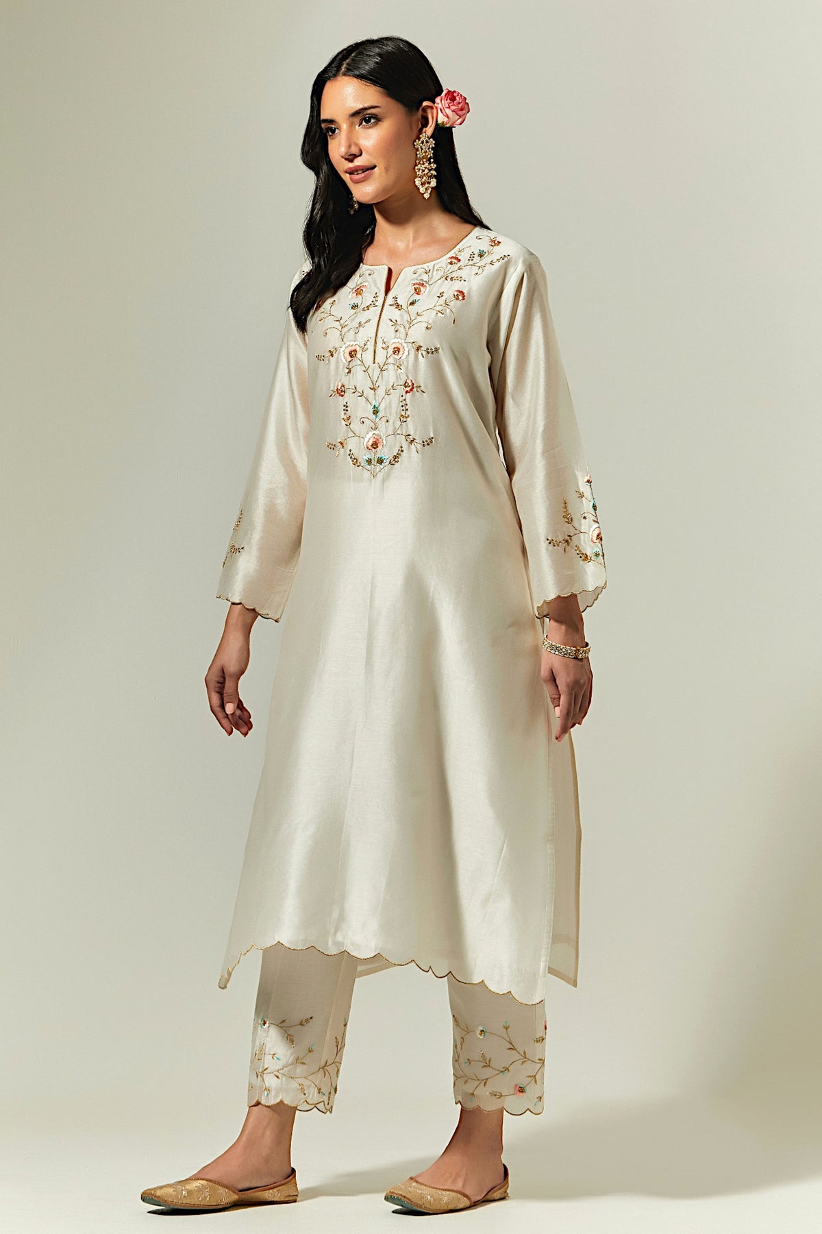 Off White  Silk Chanderi Hand Embroidered Kurta