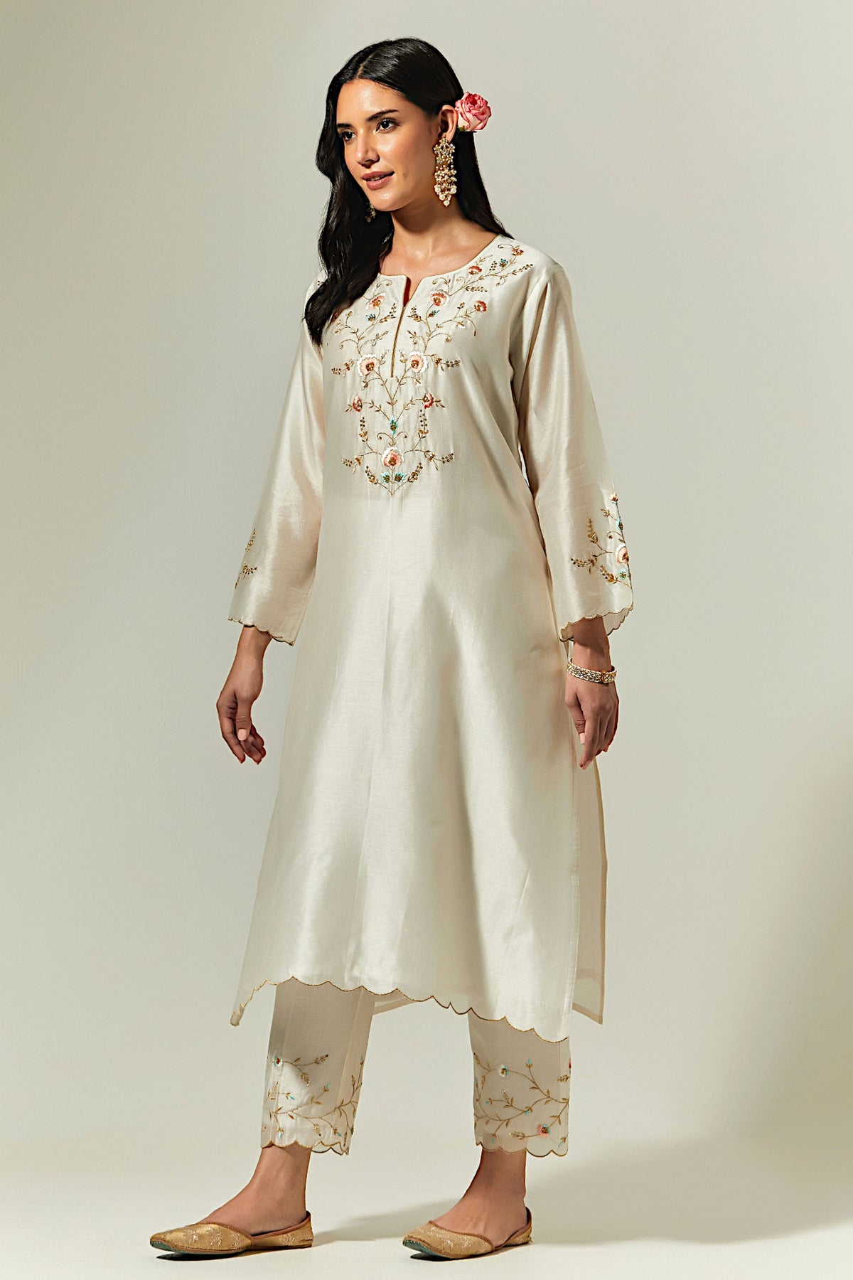 Off White Silk Chanderi Palazzo With Embroidered Hem