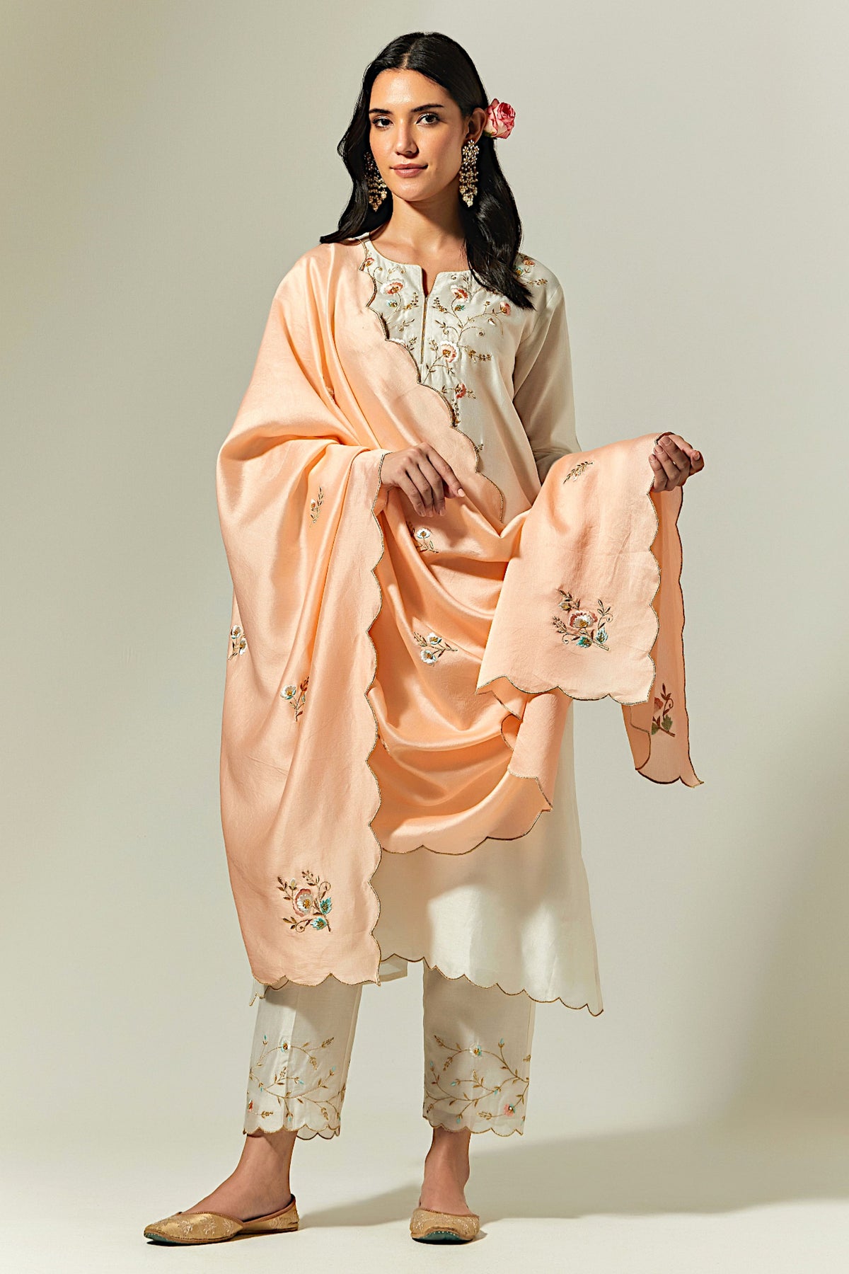 Off White  Silk Chanderi Hand Embroidered Kurta