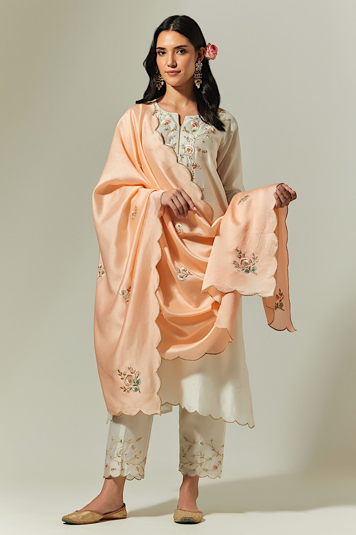 Peach Silk Chanderi Hand Embroidered Dupatta