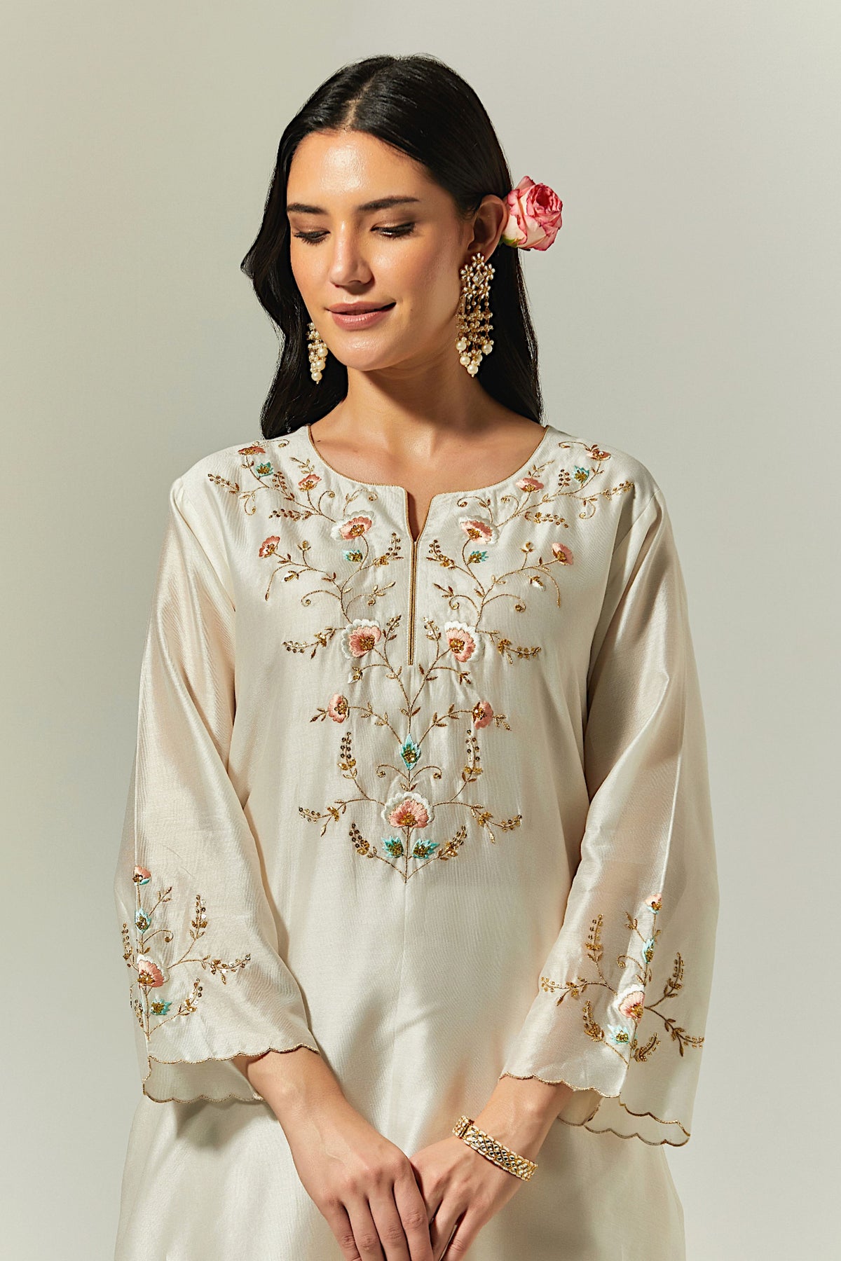 Off White  Silk Chanderi Hand Embroidered Kurta