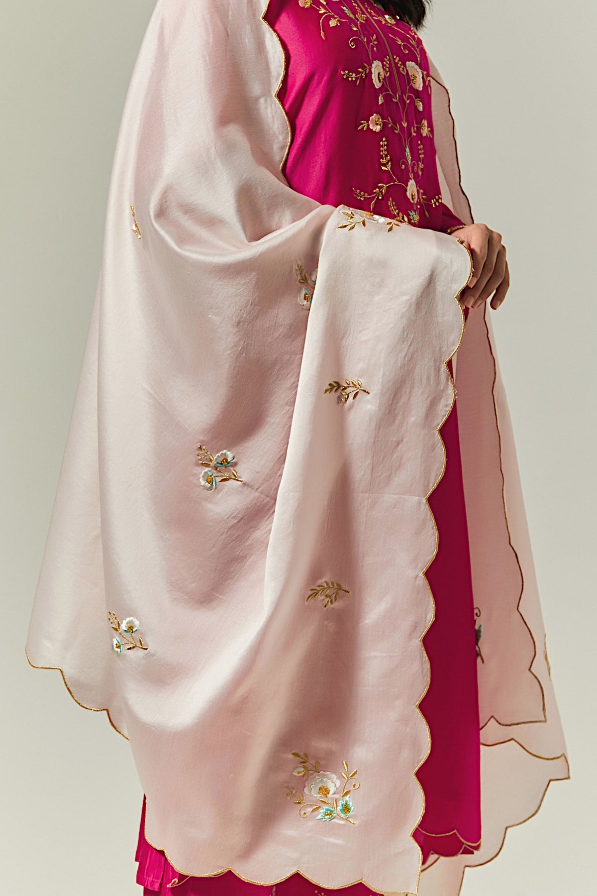 Light Pink Silk Chanderi Hand Embroidered Dupatta