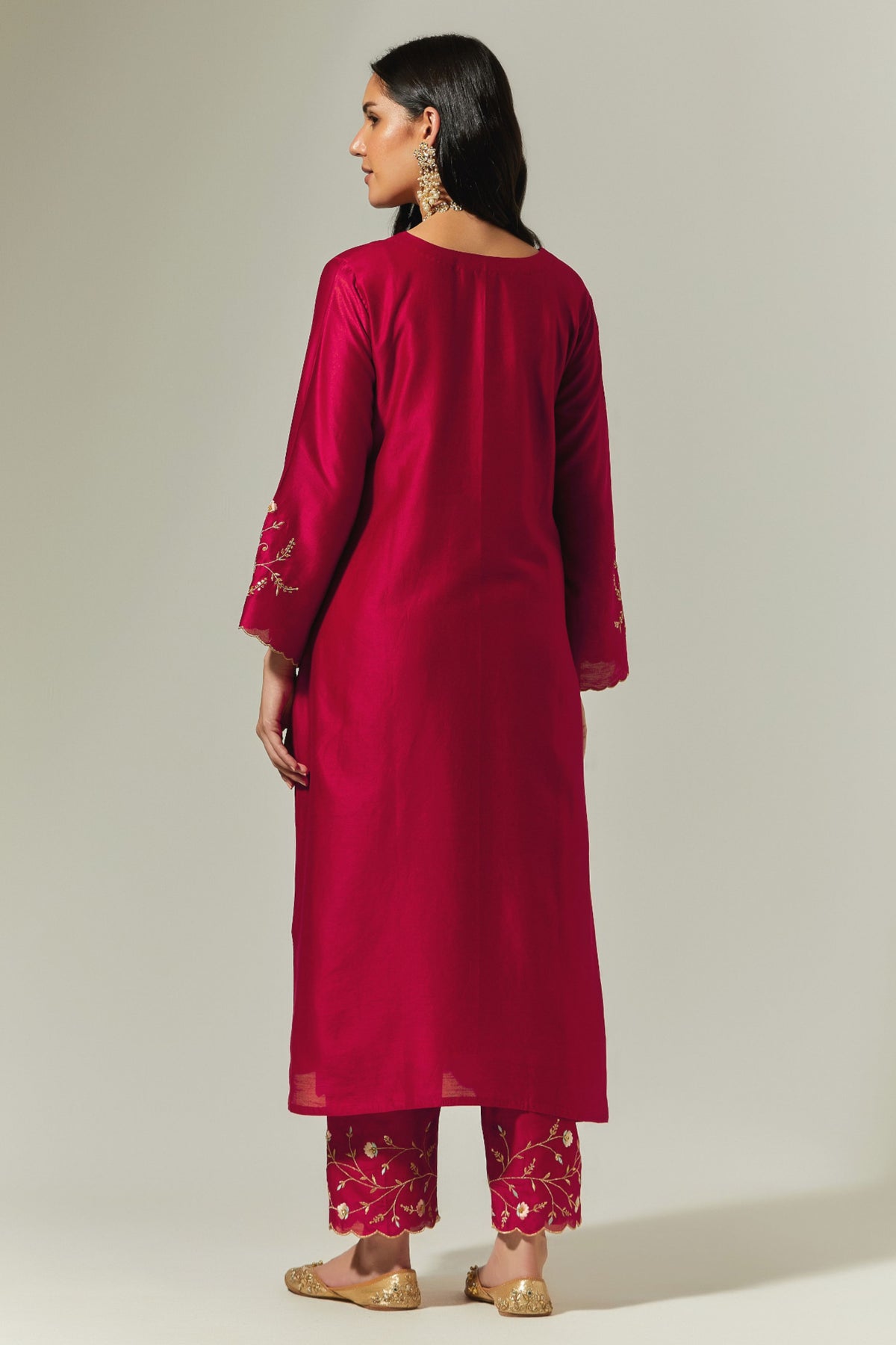 Red Silk Chanderi Hand Embroidered Kurta