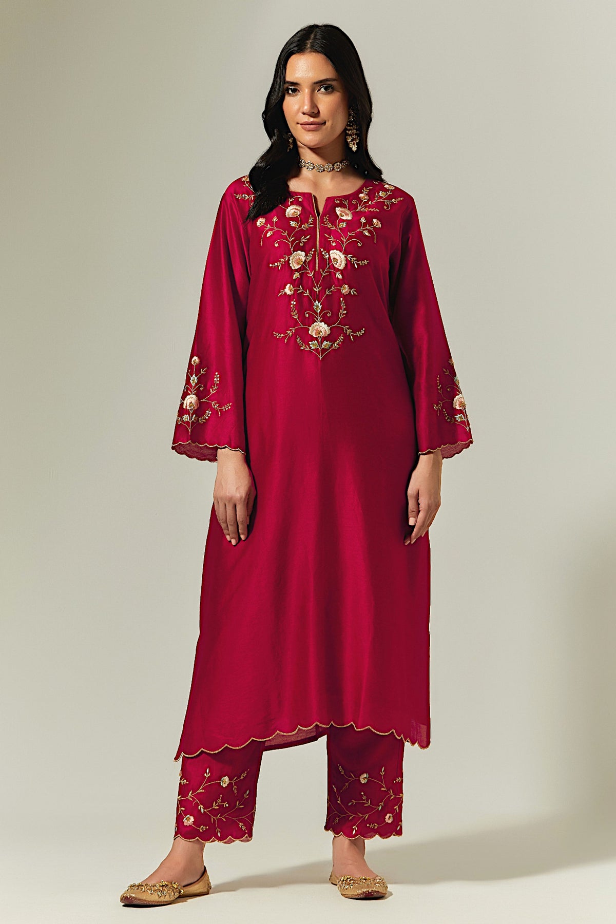 Red Silk Chanderi Hand Embroidered Kurta