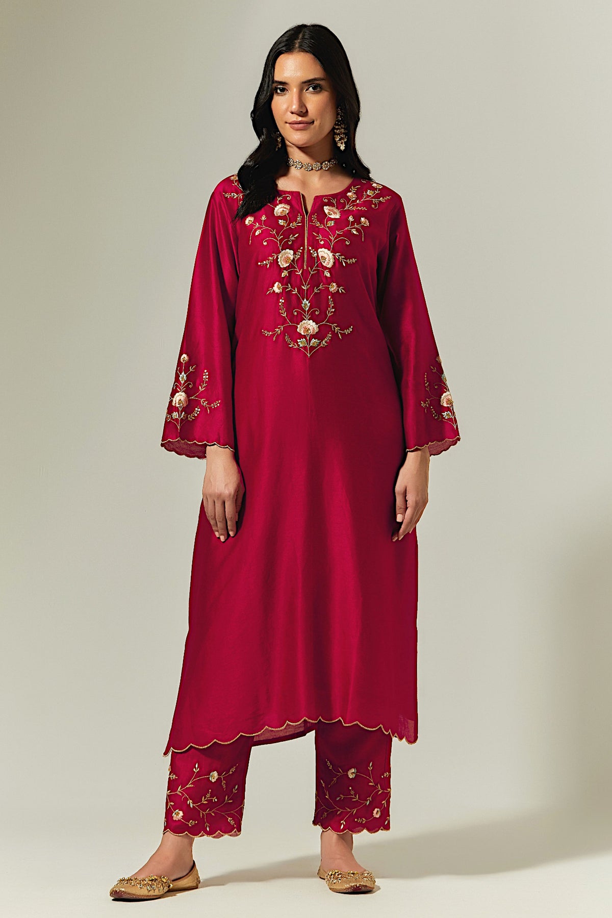 Red Silk Chanderi Palazzo With Embroidered Hem