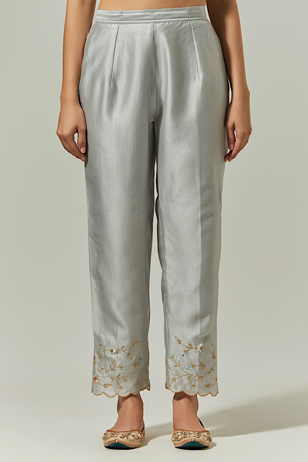 Grey Silk Chanderi Palazzo With Embroidered Hem