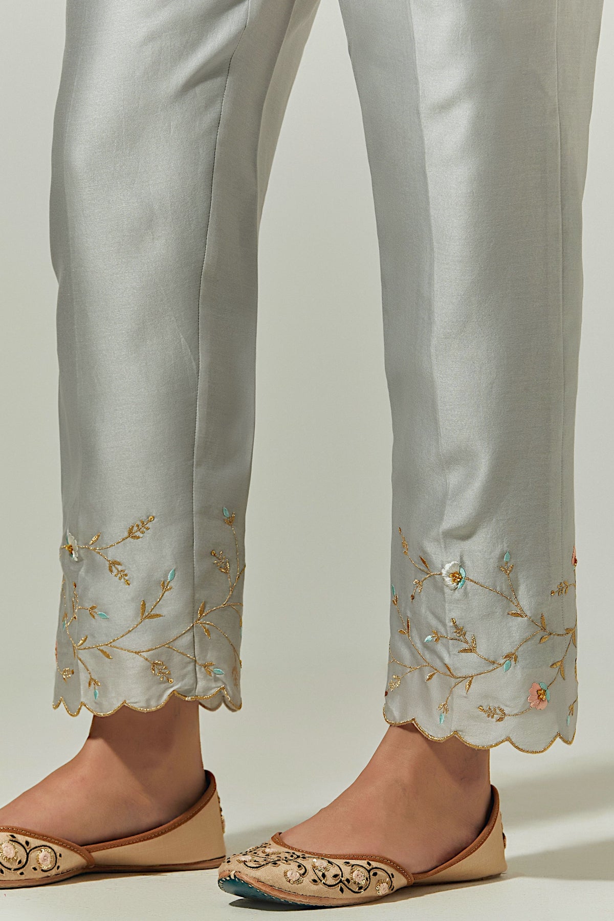 Grey Silk Chanderi Palazzo With Embroidered Hem
