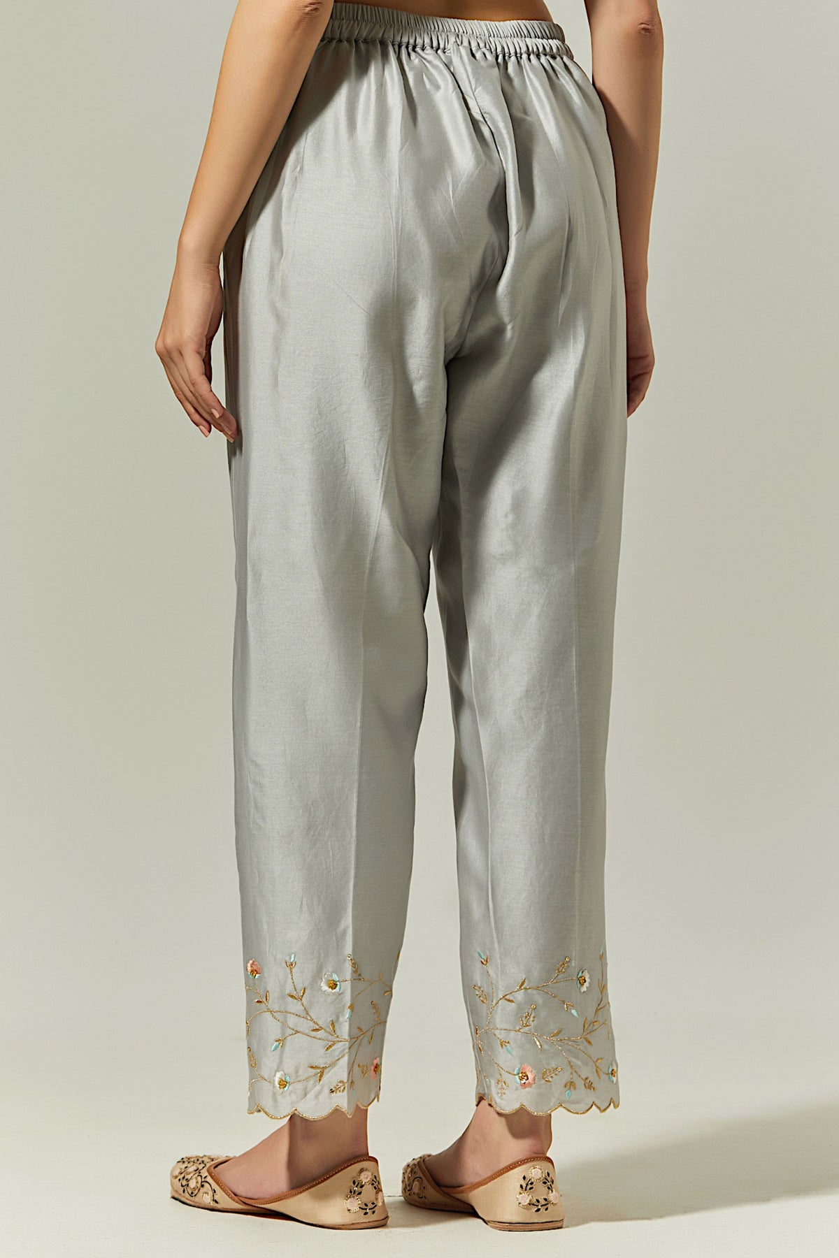 Grey Silk Chanderi Palazzo With Embroidered Hem