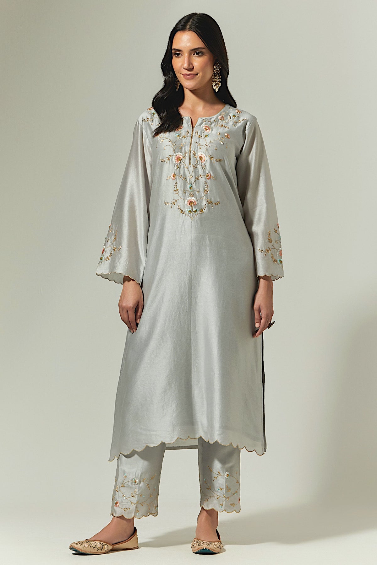 Grey Silk Chanderi Palazzo With Embroidered Hem