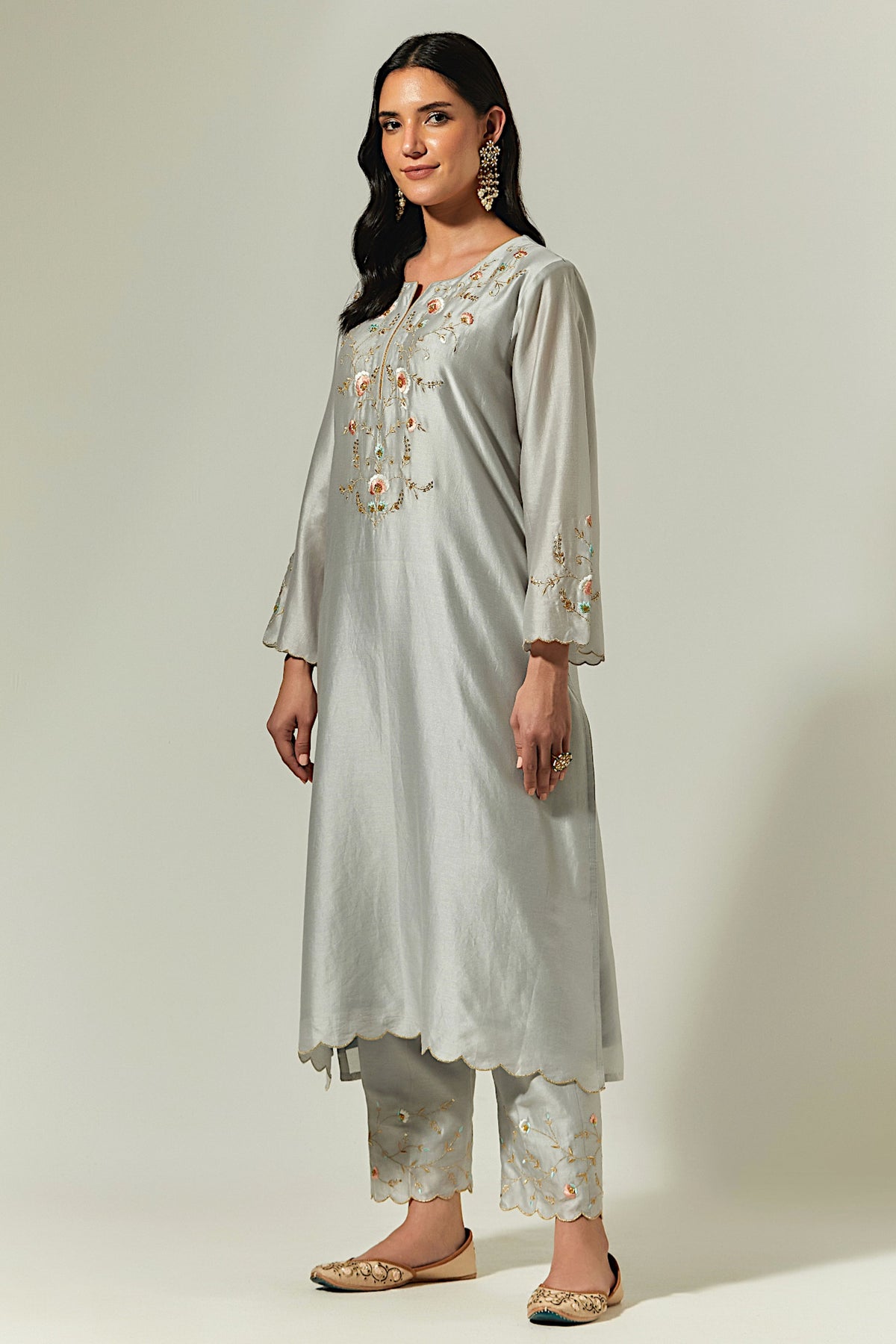 Grey Silk Chanderi Hand Embroidered Kurta
