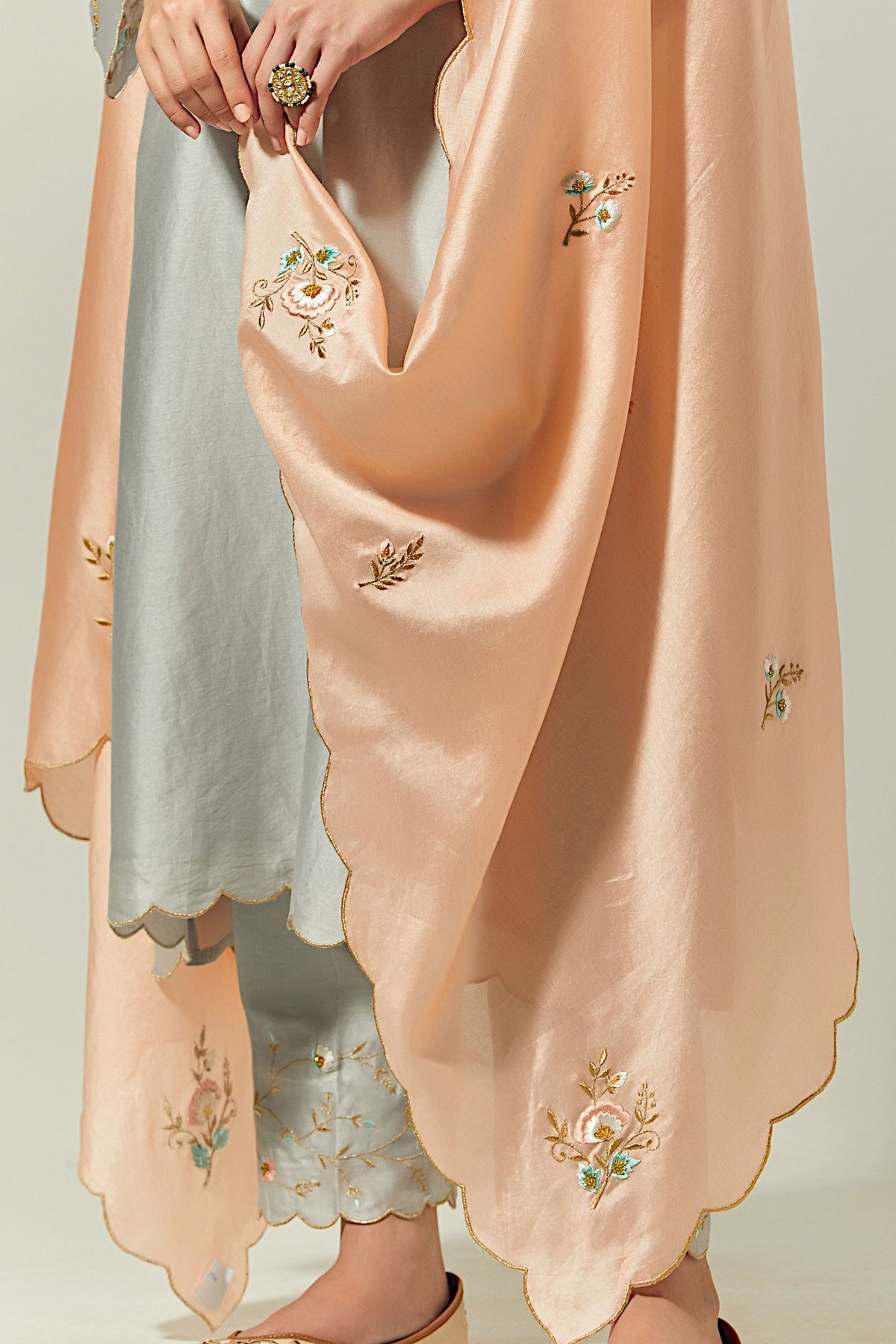 Peach Silk Chanderi Hand Embroidered Dupatta