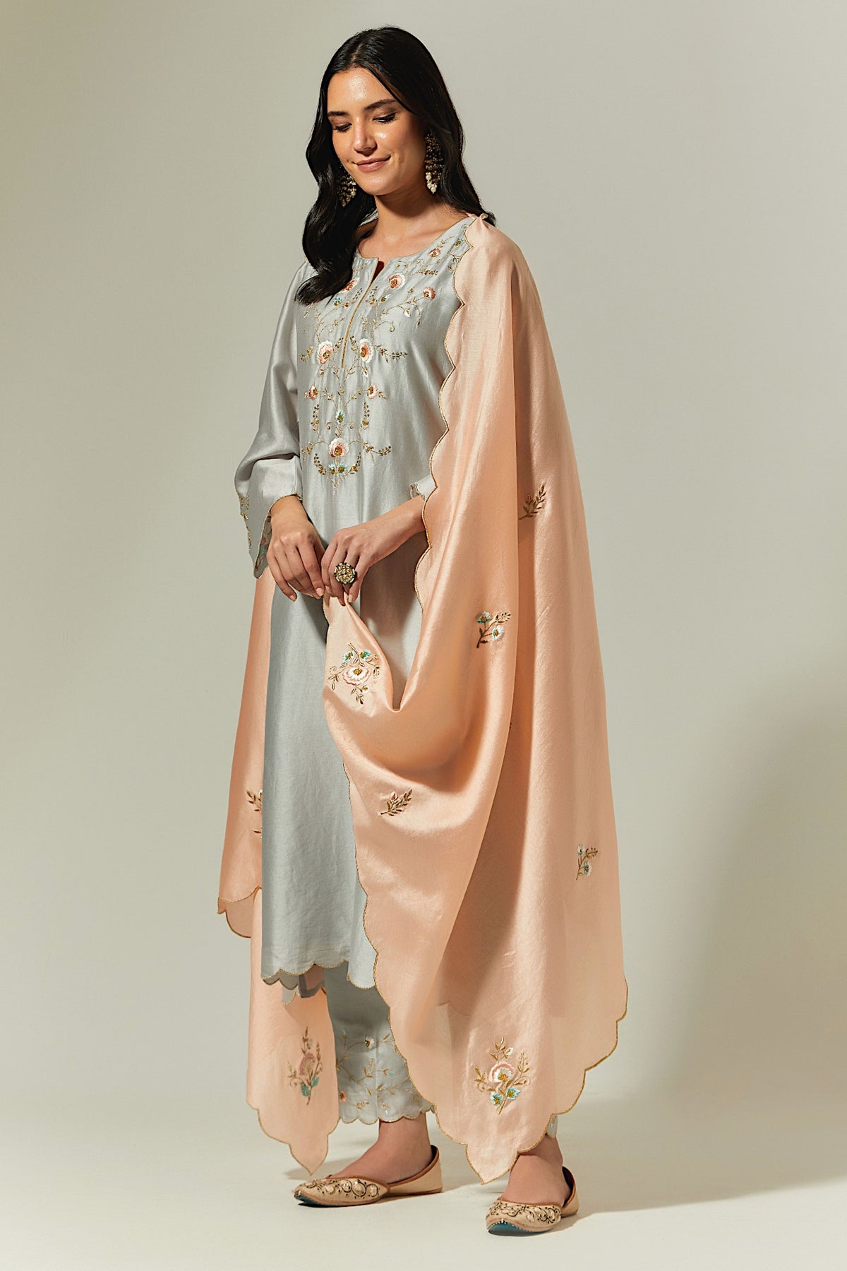 Peach Silk Chanderi Hand Embroidered Dupatta