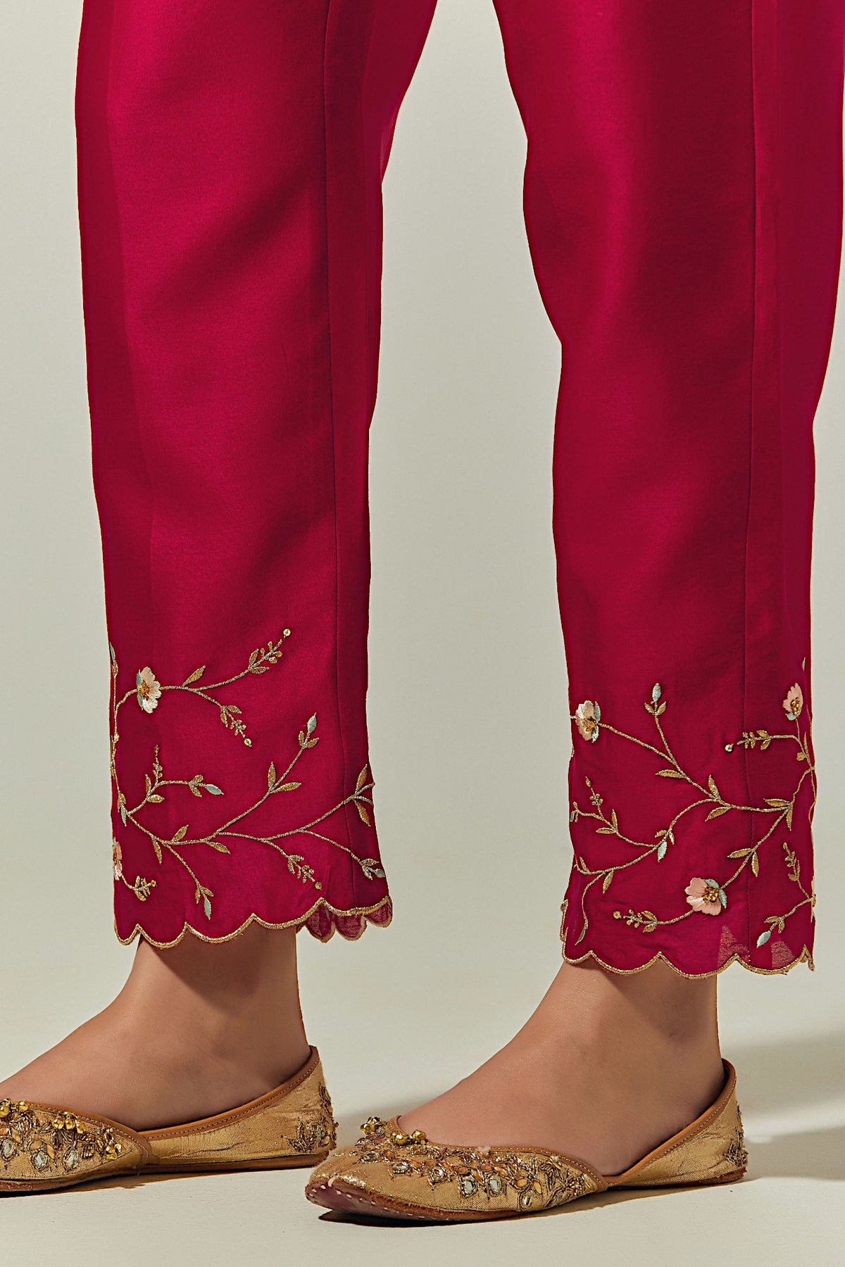Red Silk Chanderi Palazzo With Embroidered Hem