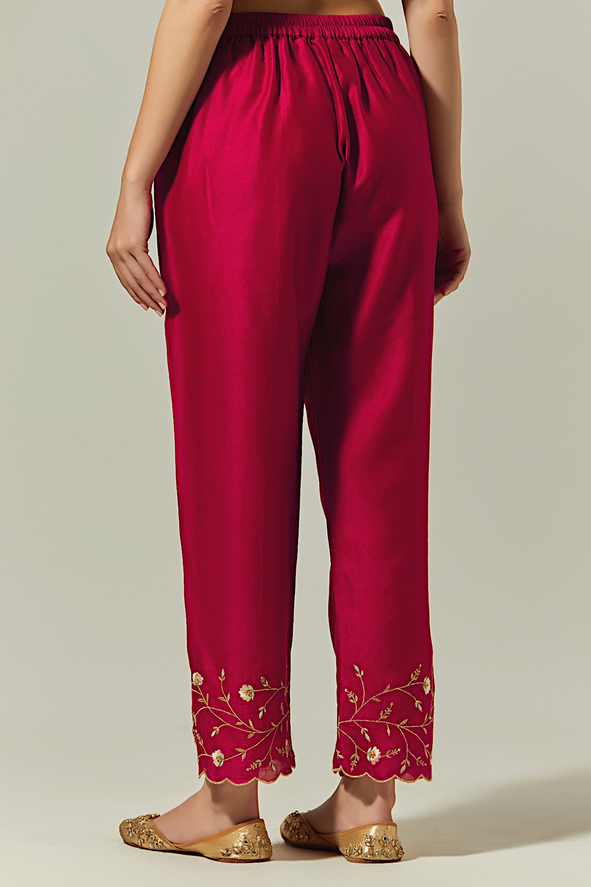 Red Silk Chanderi Palazzo With Embroidered Hem