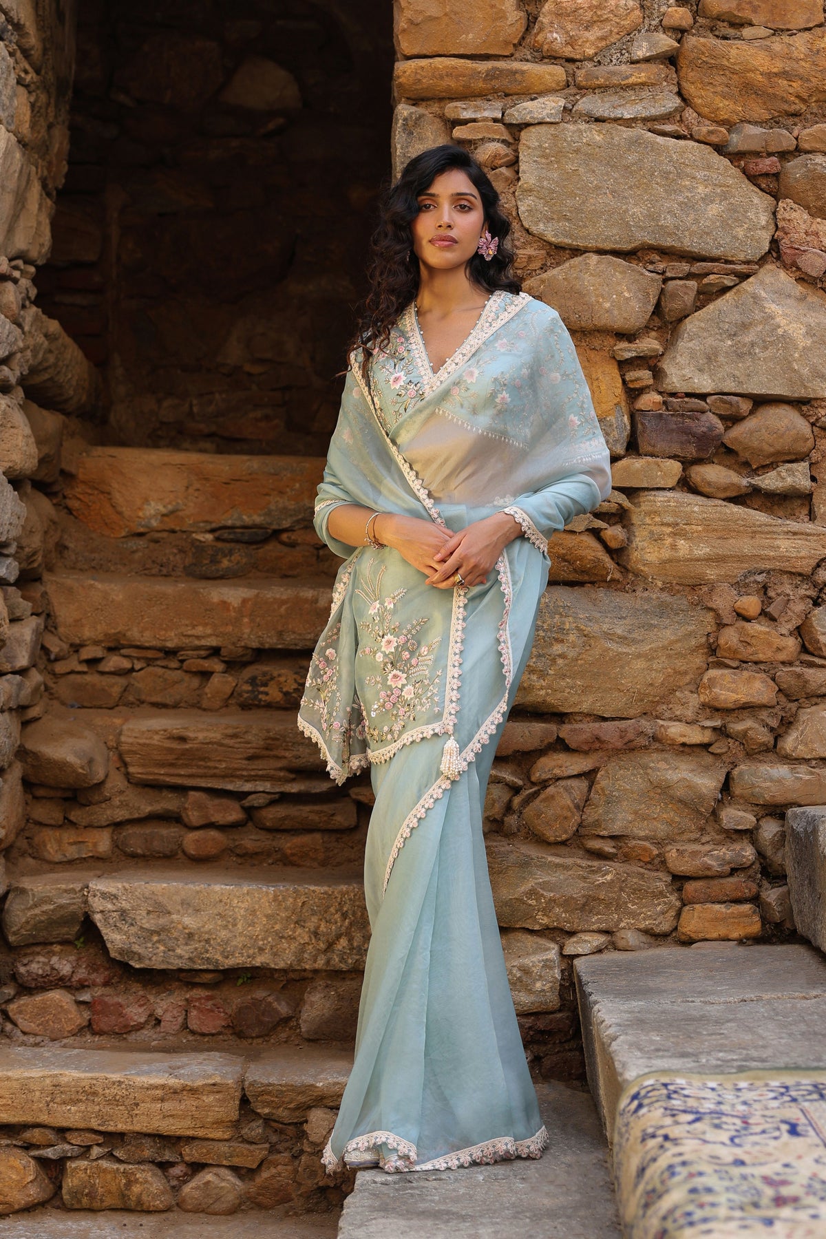 Vaayu Light Blue Phool Patti Saree Set