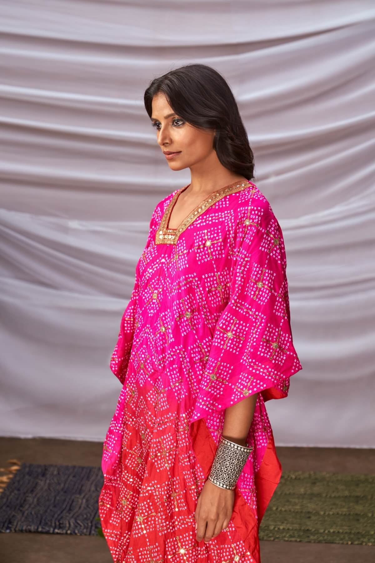 Pink red ombré bandhani kaftan