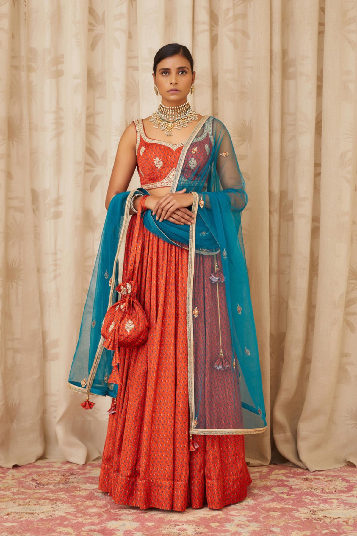 Teal Blue &amp; Burnt Orange Lehenga Set