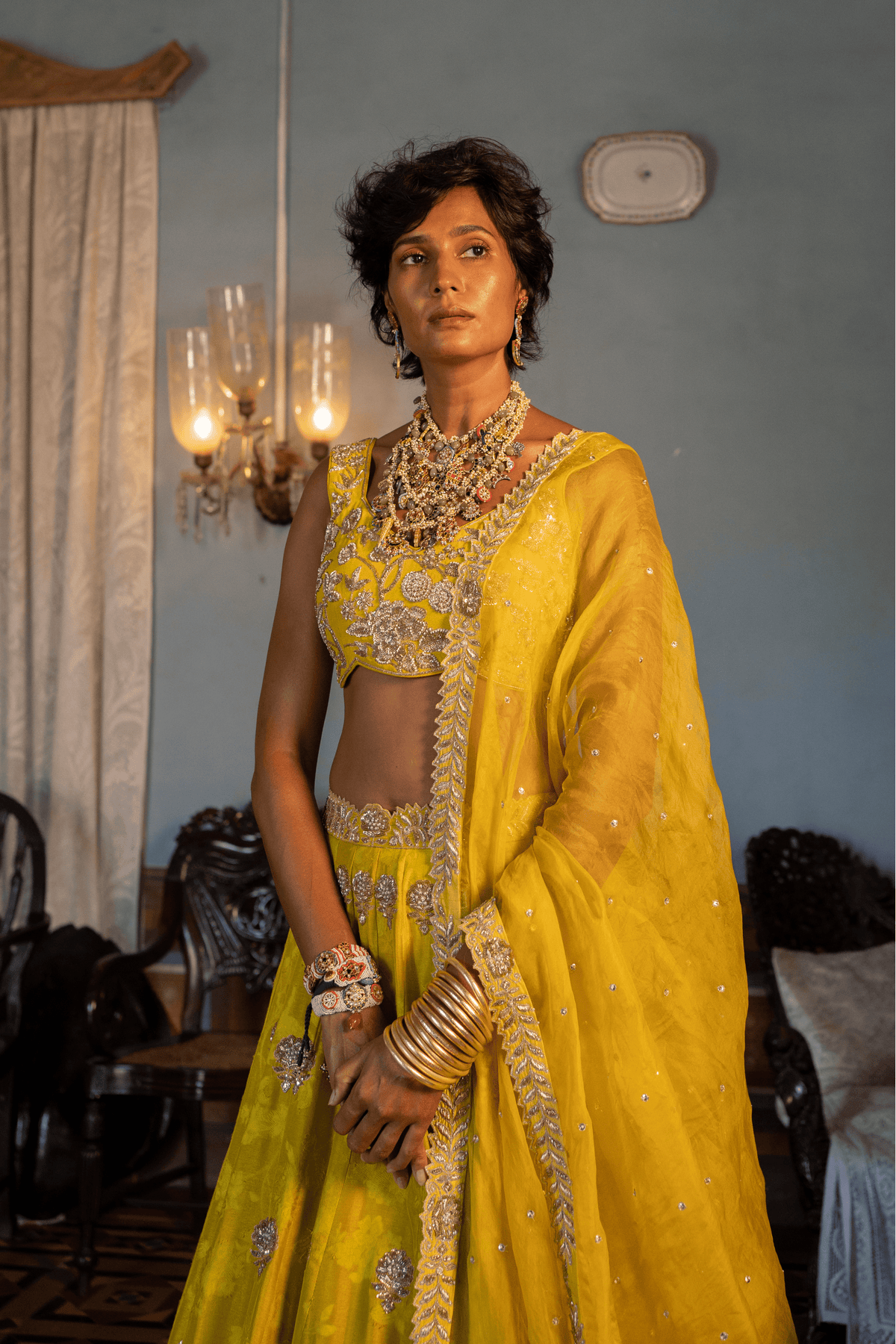 Yellow Self Woven Lehenga Set