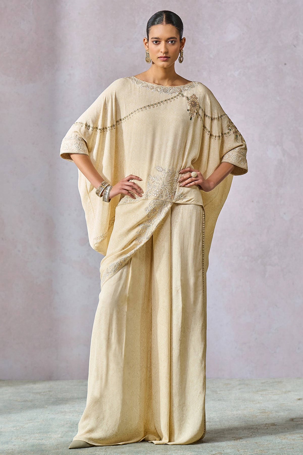 Ecru Asymmetric Kimono Style Top With Dhoti