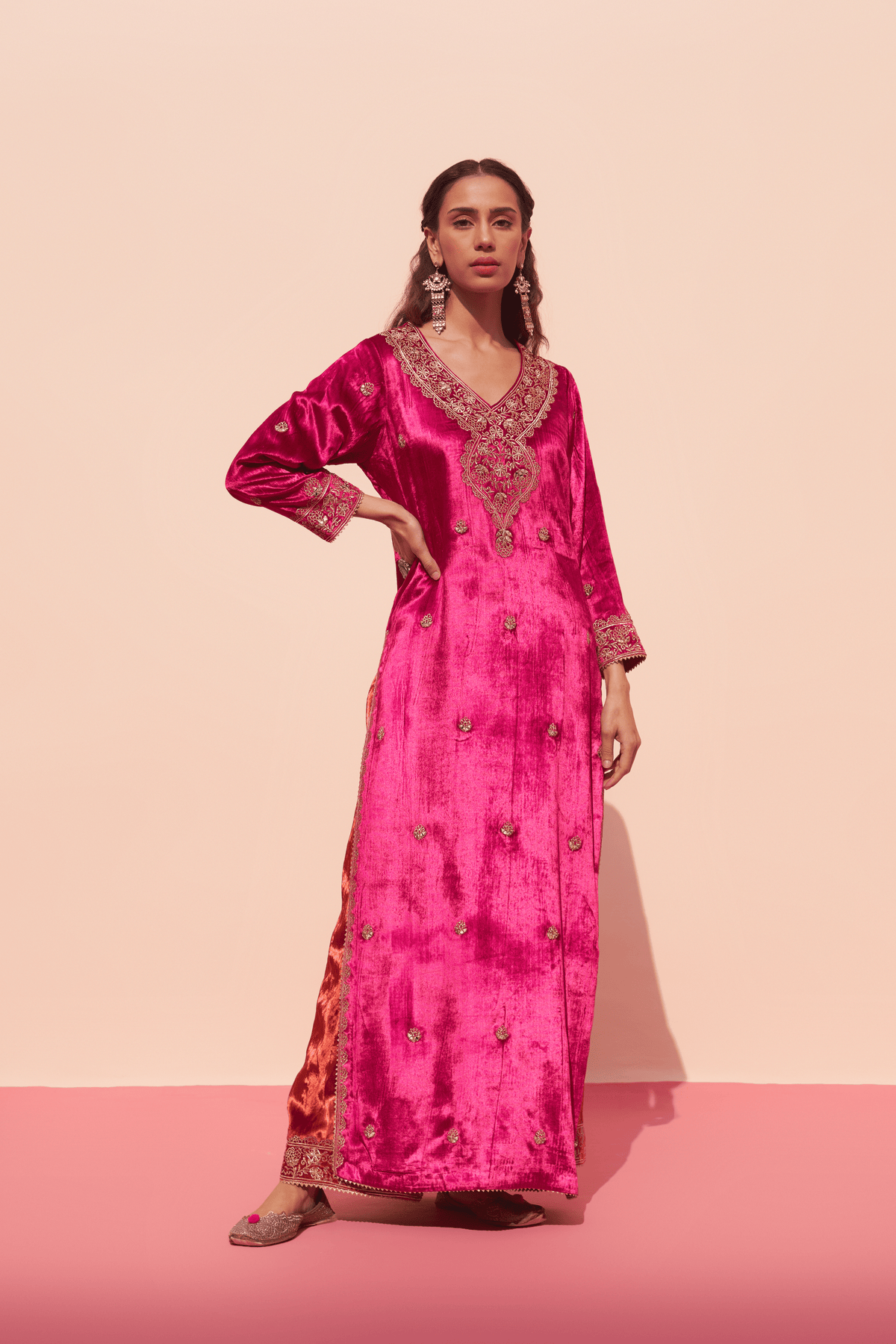 Rani Pink Velvet Kurta Set