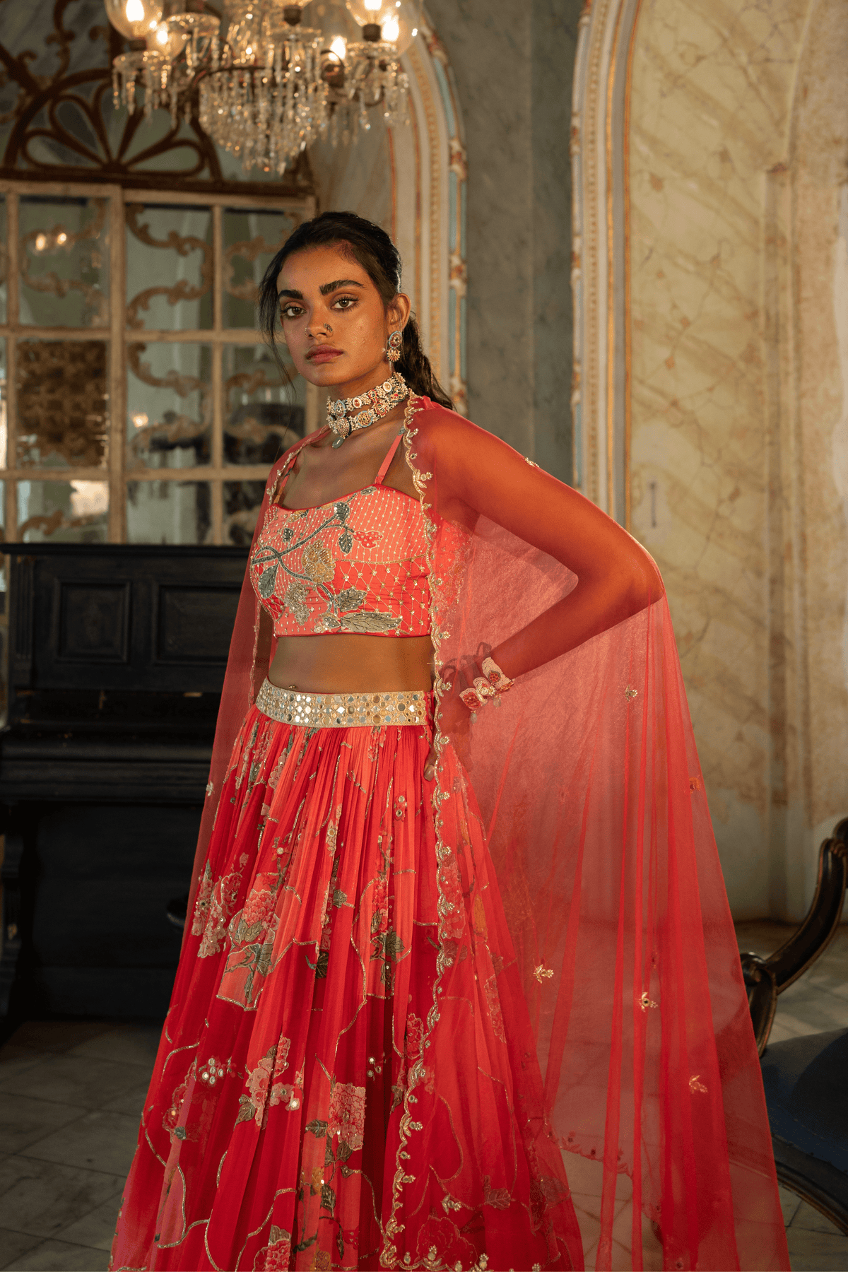 Red Nakhsa Printed Lehenga Set