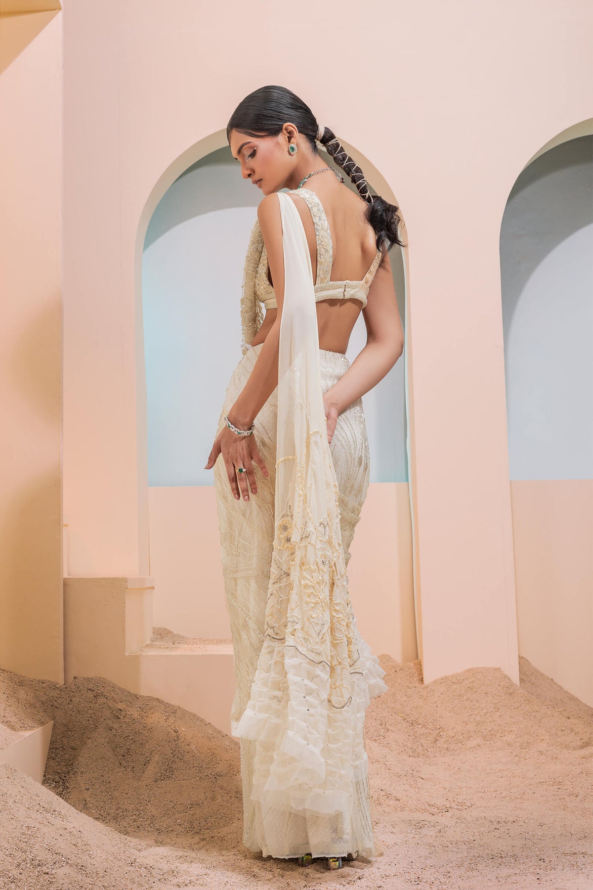 Cream Draped Saree Set