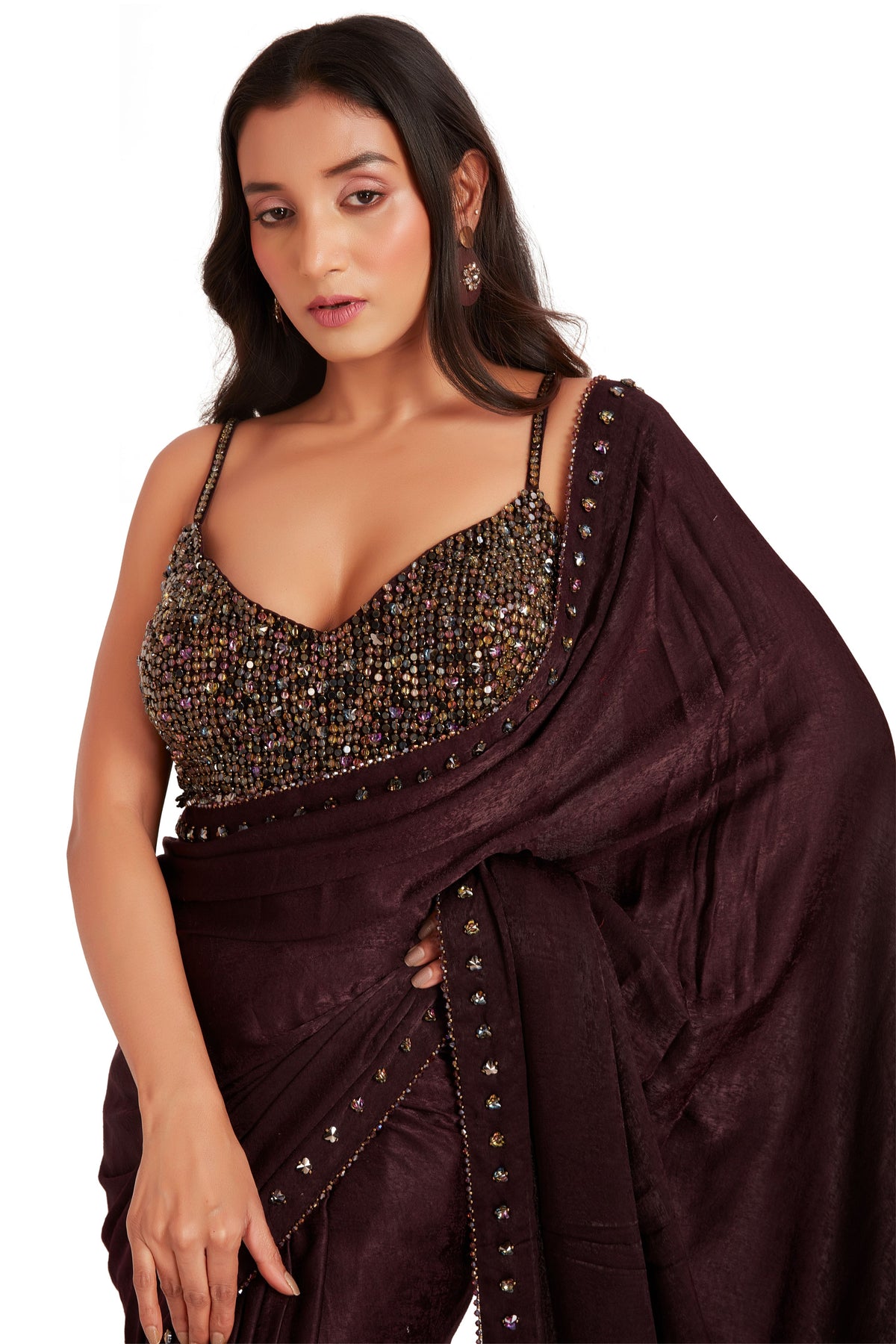 Brown Crystal Saree Set