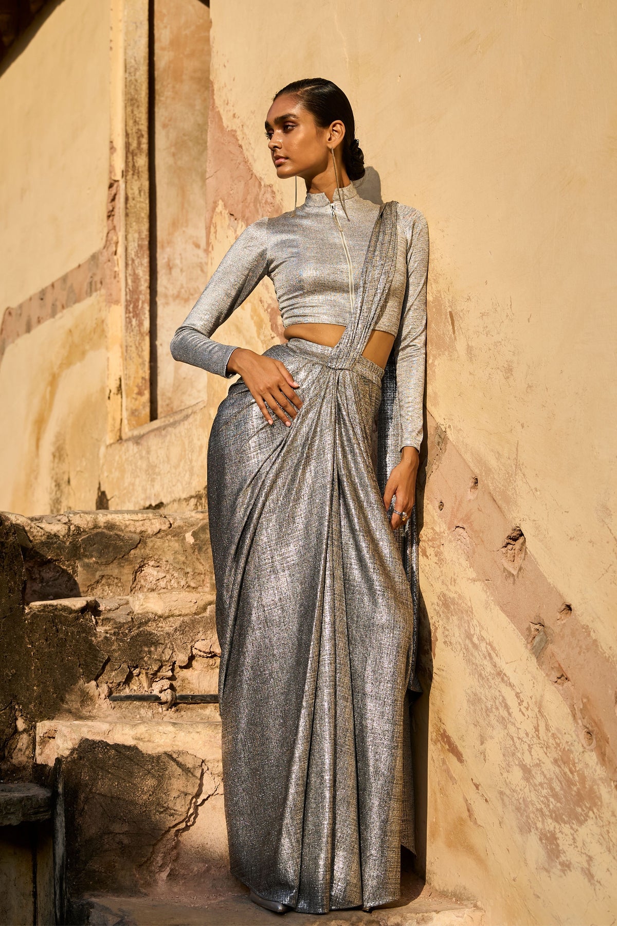 Silver Knitted Draped Skirt Set