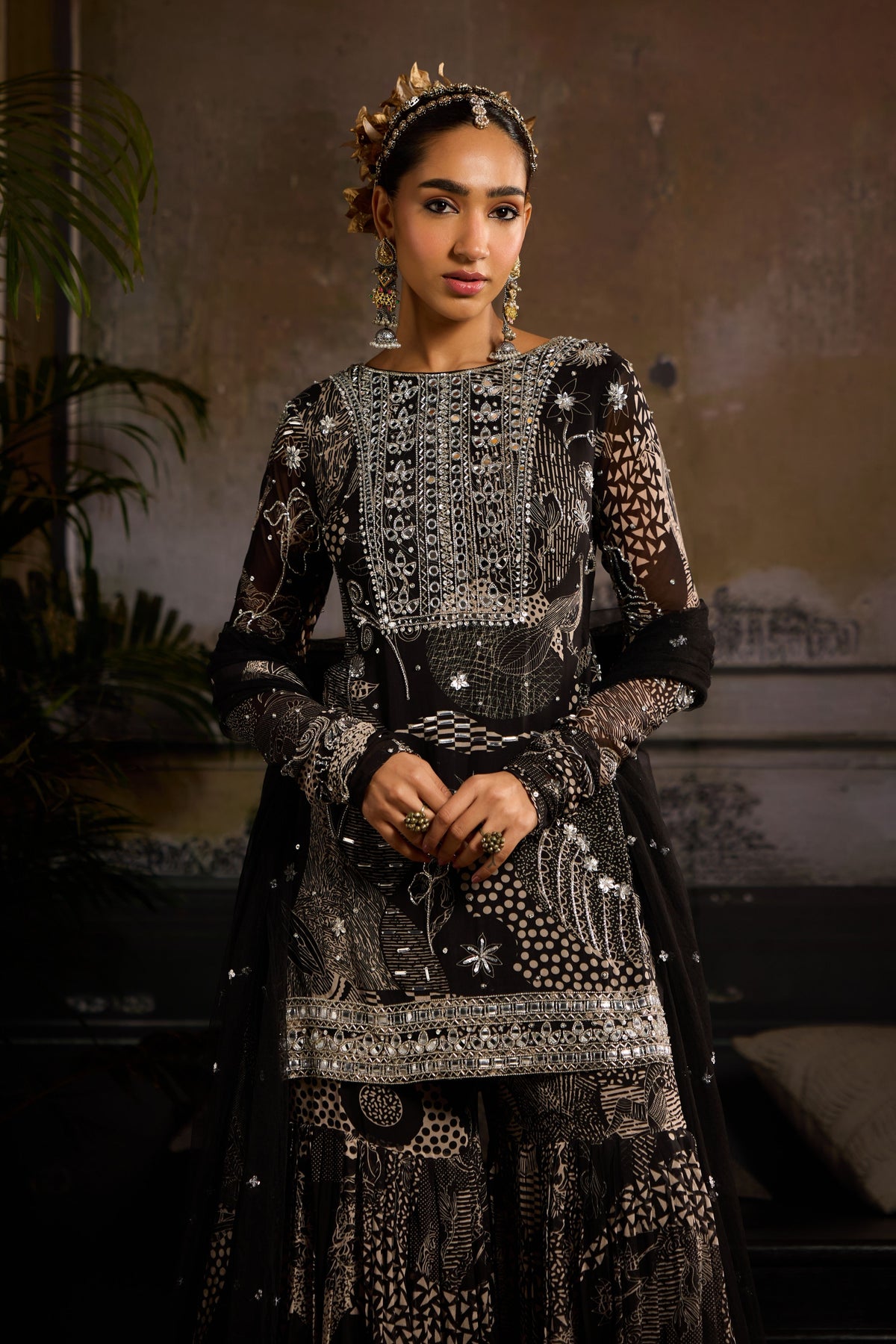 Black Print Highlighted Sharara Set